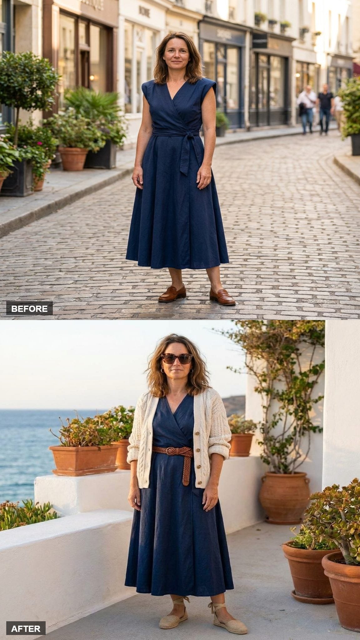 Coastal Weekend Ease With a Cream Cable Cardigan, Canvas Espadrilles, and Tortoise Sunglasses