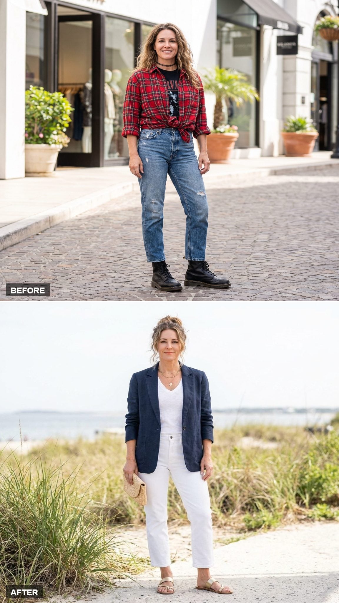 Navy linen blazer with white V-neck tee, cropped white jeans, gold sandals, and layered necklaces