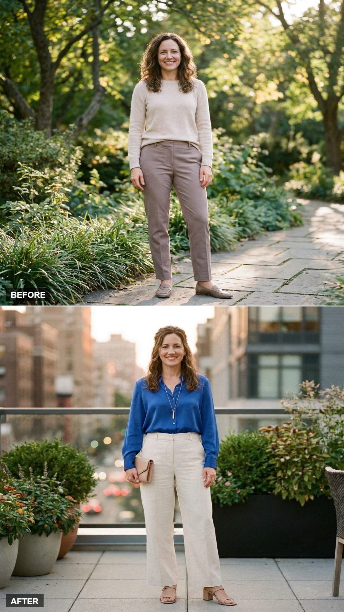 Cobalt Blue Silk Blouse, Tailored Cream Wide-Leg Pants, and Nude Block-Heel Sandals for a Rooftop Dinner