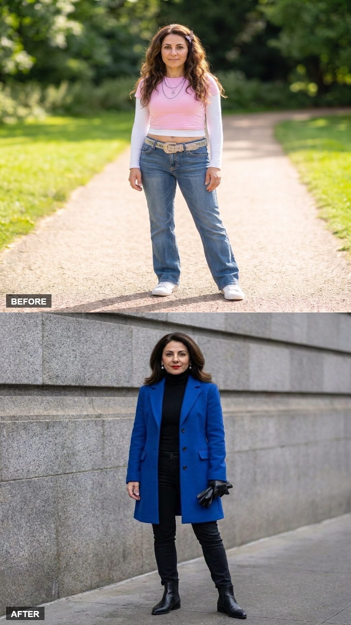 Cobalt Blue Structured Coat With Slim Black Jeans, a Black Turtleneck, and Black Leather Gloves