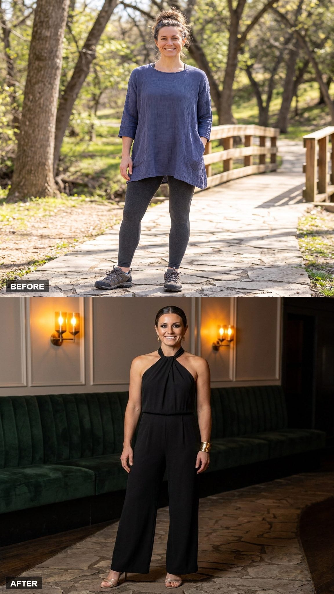Cocktail Hour in a Black Halter Jumpsuit, Statement Cuff, and Metallic Sandals