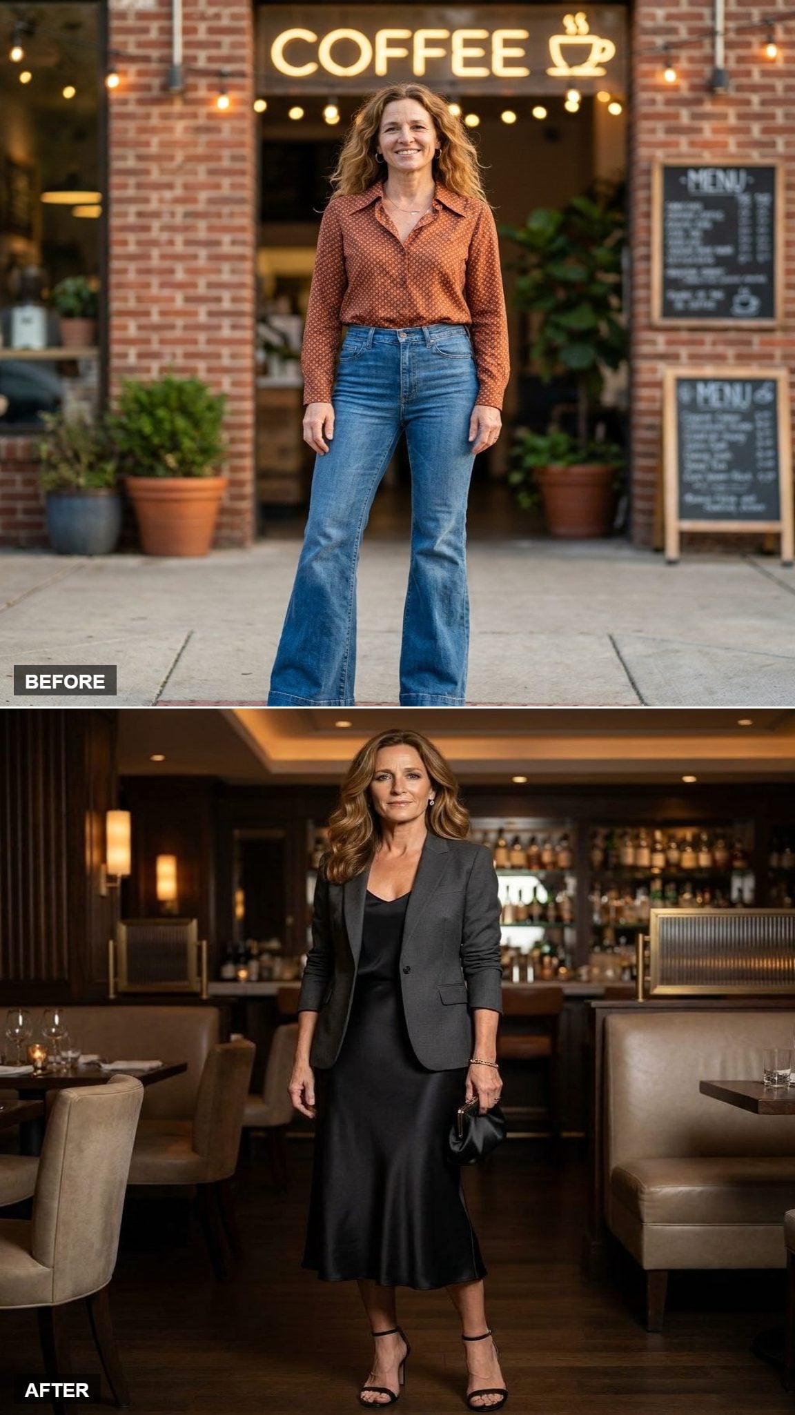 Cocktail Hour Sharp in a Black Satin Midi Skirt, Fitted Charcoal Blazer, and Strappy Heeled Sandals