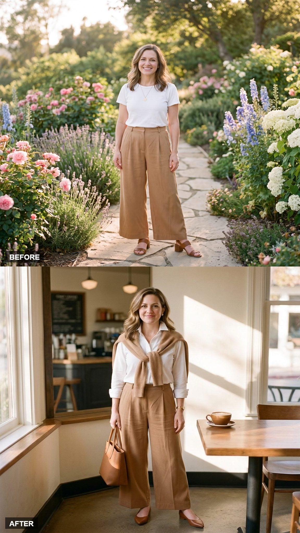 Coffee Meeting in a White Oxford and Camel Cardigan