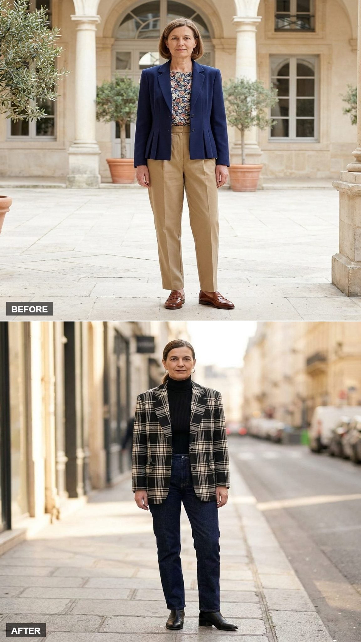 Cold Weather Armor in an Oversized Plaid Blazer, Black Turtleneck, Dark Denim, and Ankle Boots