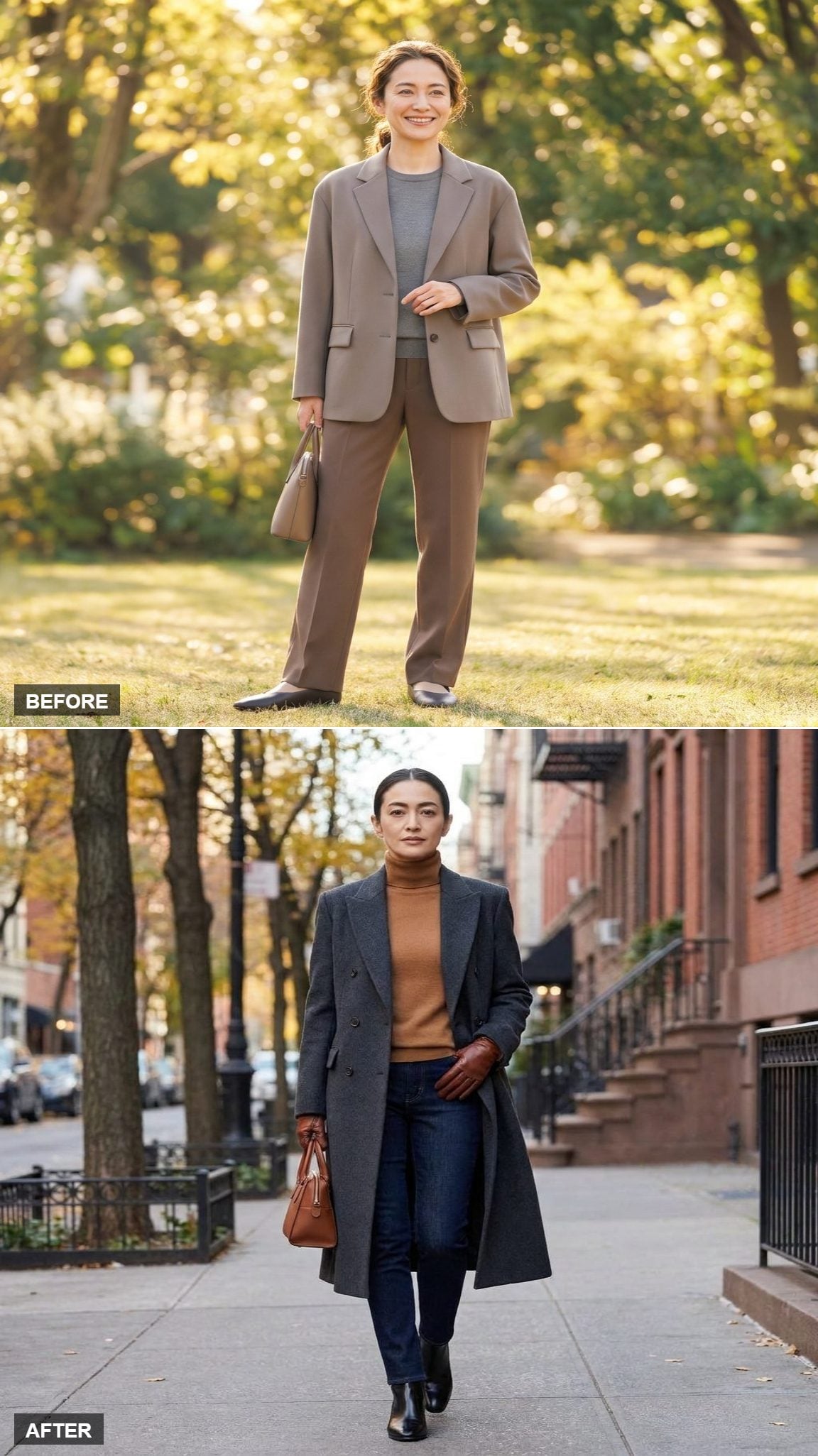 Cold-Weather Power in a Caramel Turtleneck, Charcoal Tailored Coat, and Leather Gloves