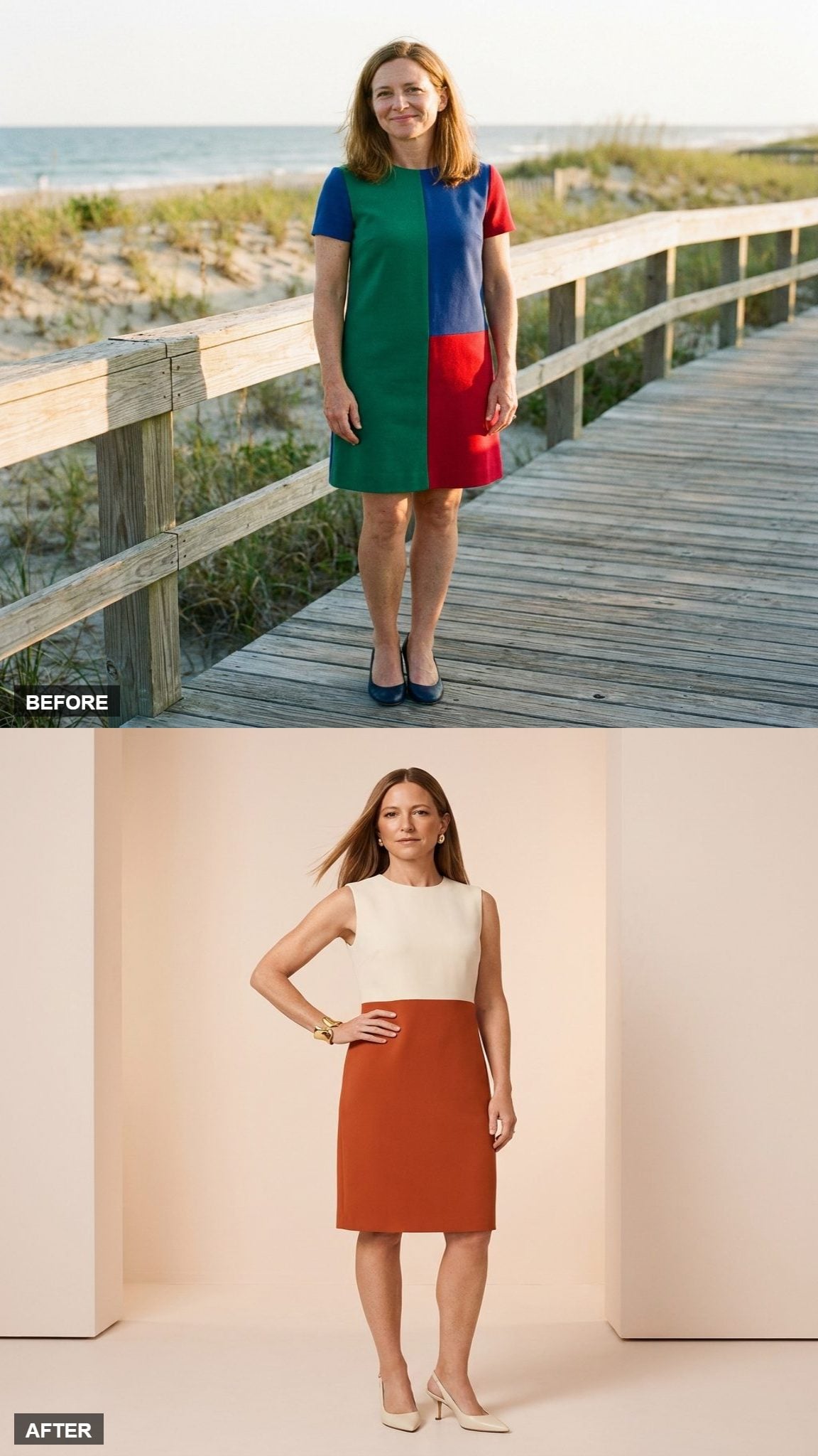 Color-Blocked Again, Now in Rust and Cream Crepe With a Clean Column