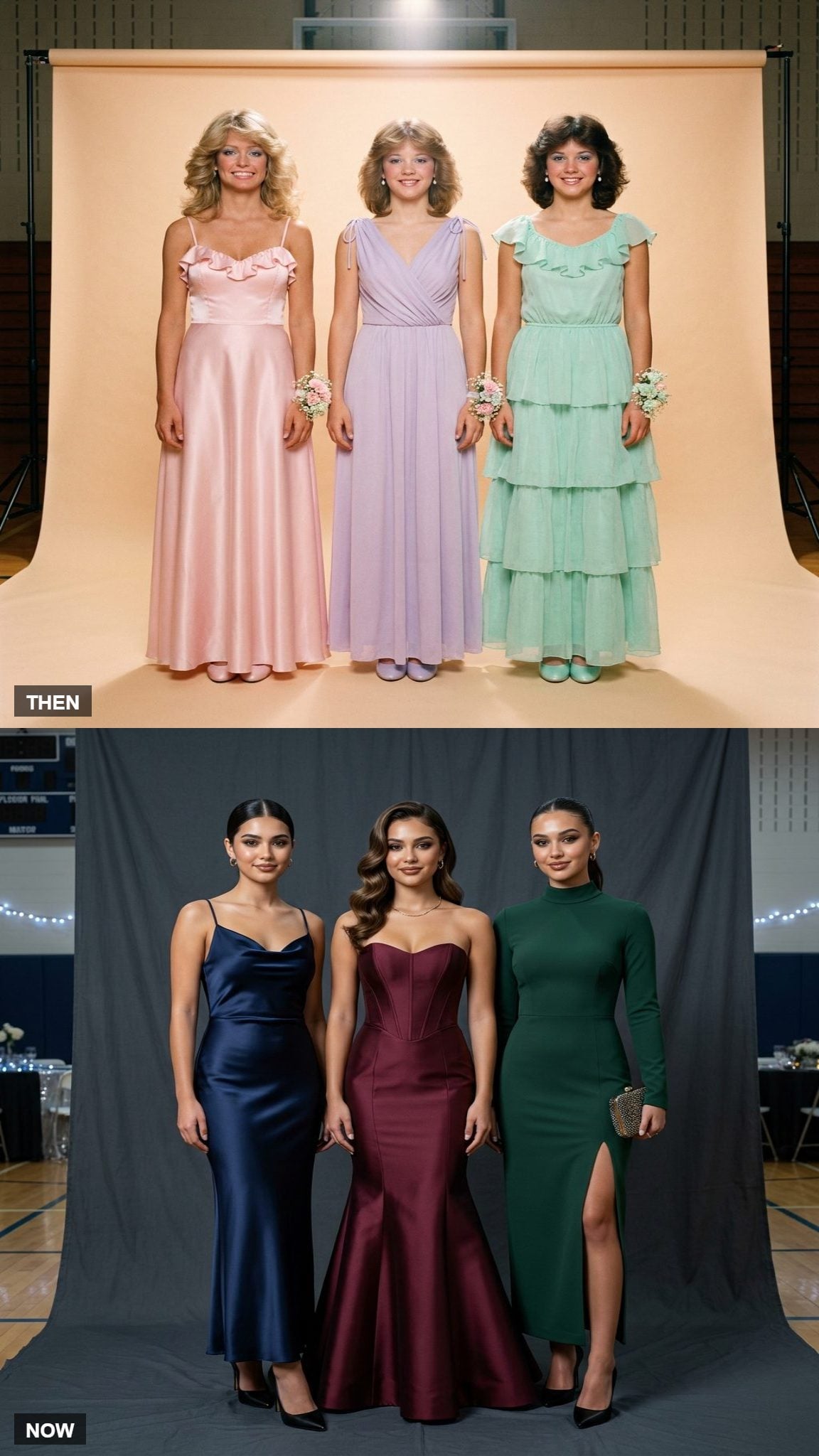 Pastel 1980 prom dresses compared with darker modern prom colors