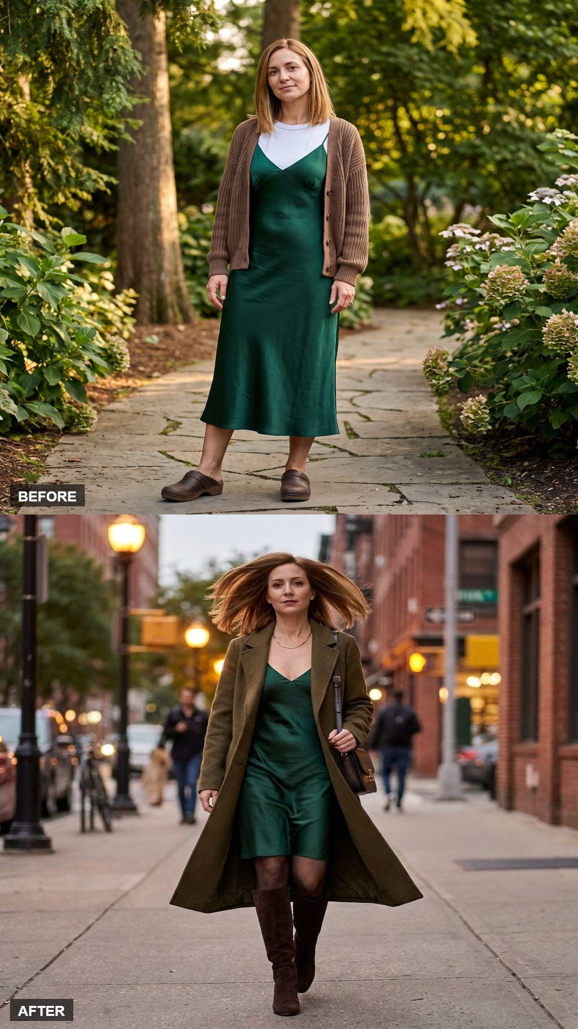 Column of Green with Knee Boots and a Long Coat
