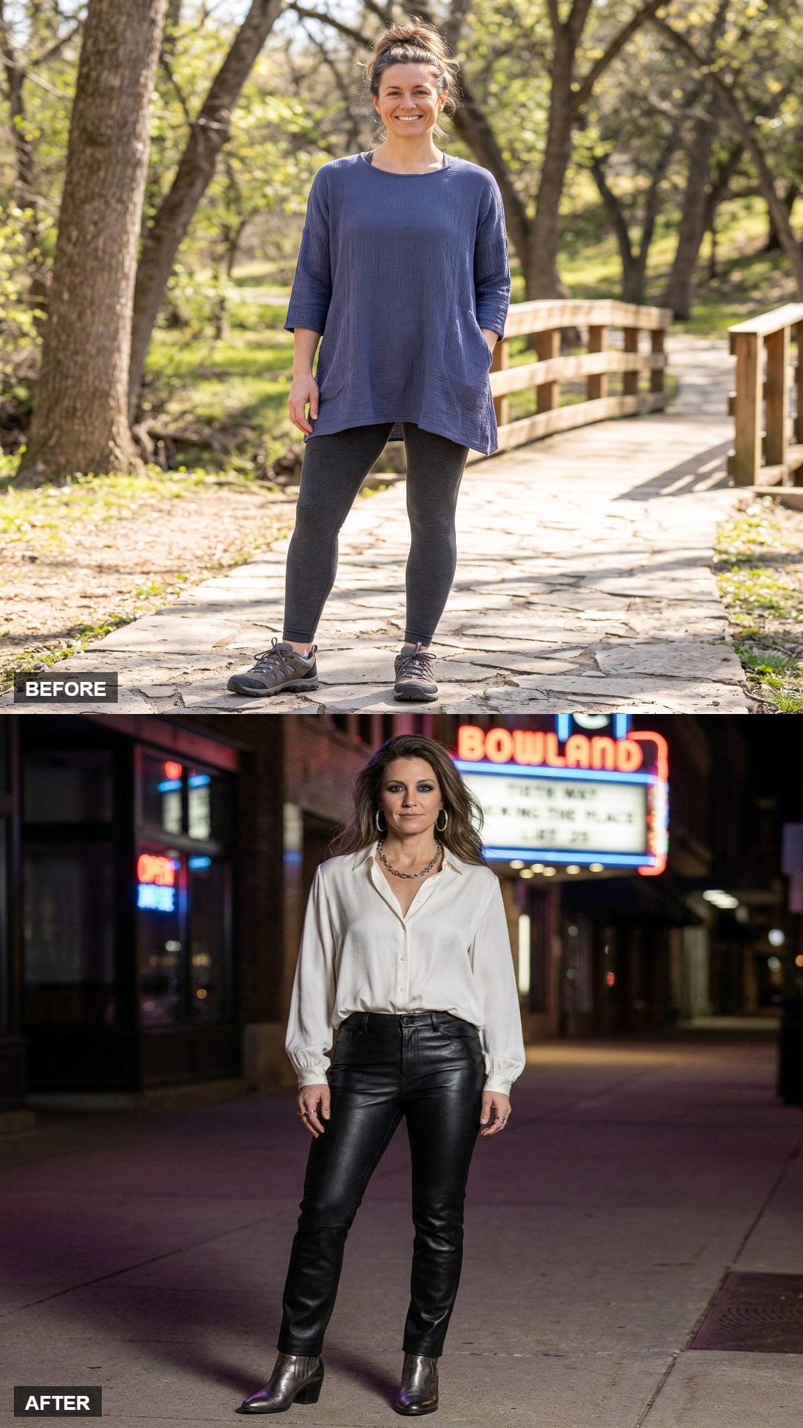 Concert Night Out in Black Leather Pants, a White Silk Blouse, and Metallic Ankle Boots
