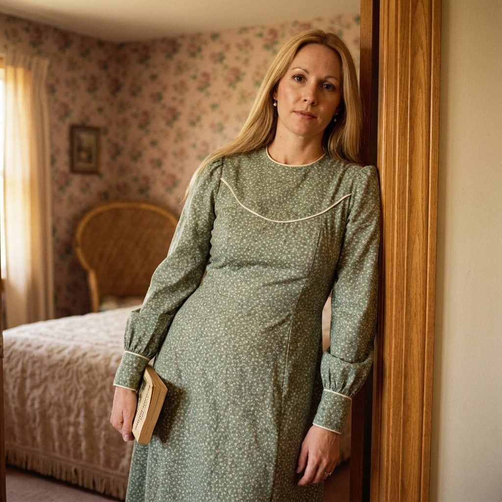 Green floral prairie dress with pale contrast piping around the yoke and cuffs