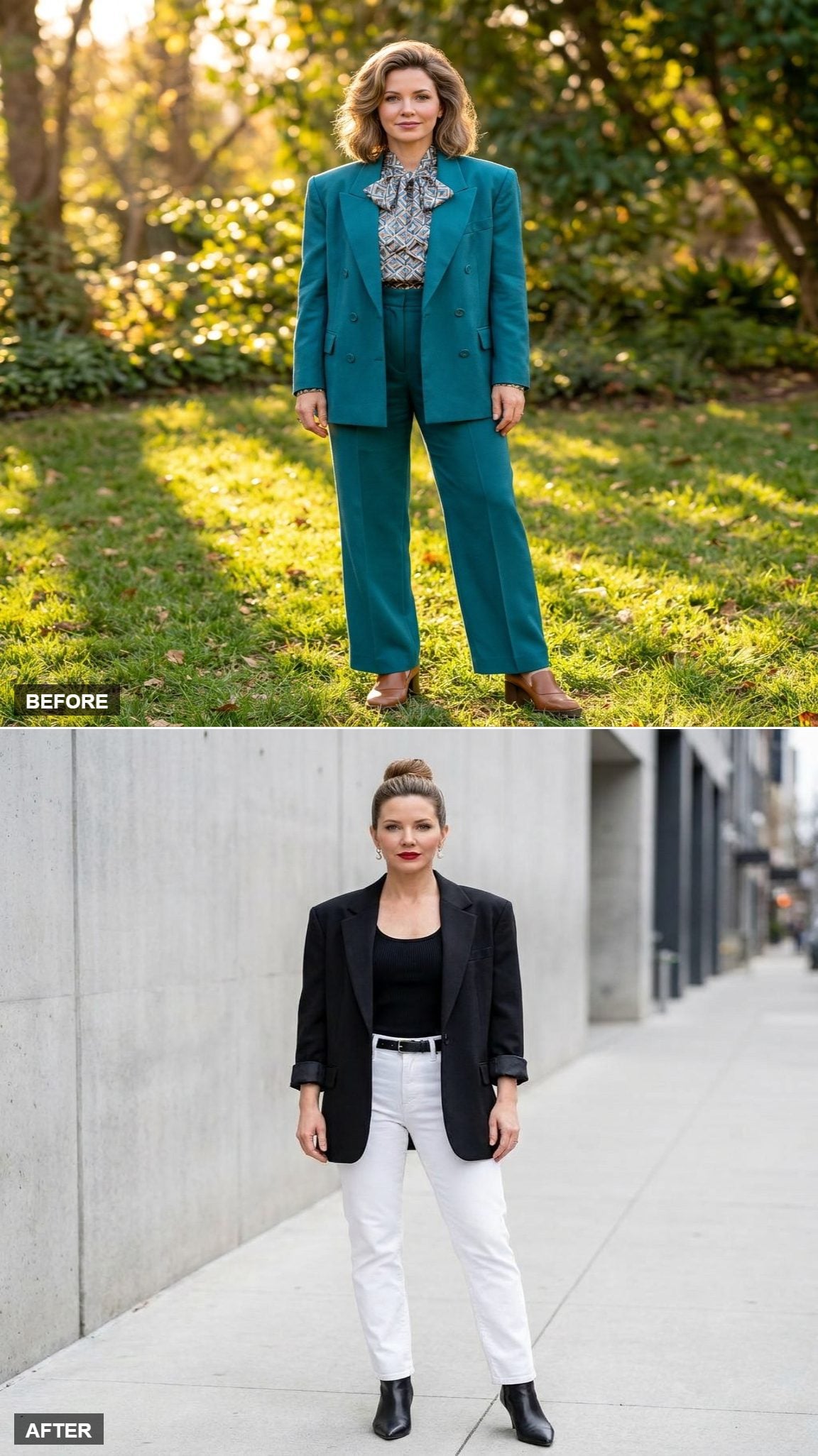 Cool-Girl Minimal in Straight White Jeans, a Black Ribbed Tank, and Oversized Black Blazer