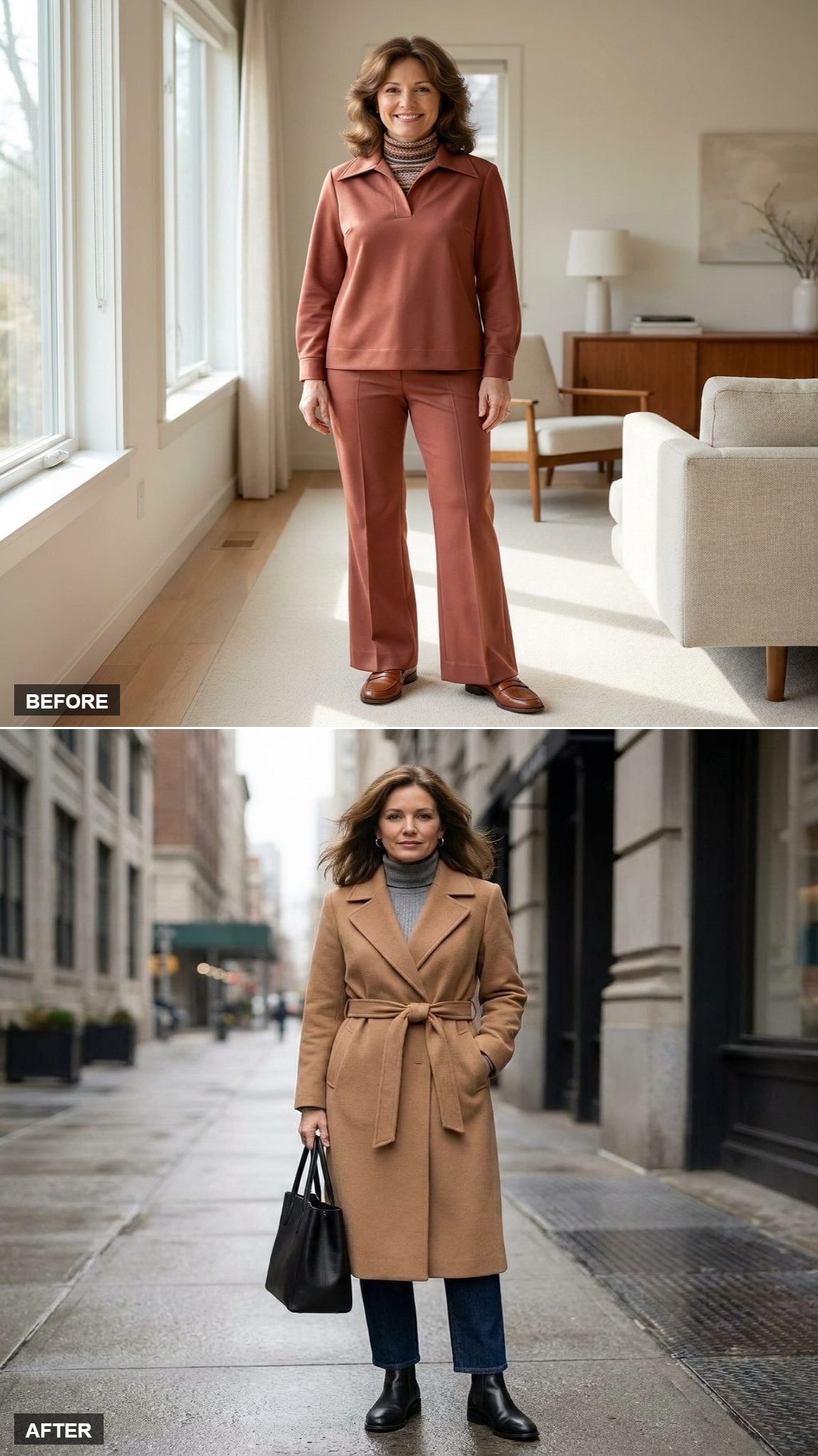Cool-Weather City Walk in a Camel Wrap Coat, Grey Ribbed Turtleneck, Straight Leg Jeans, and Chelsea Boots