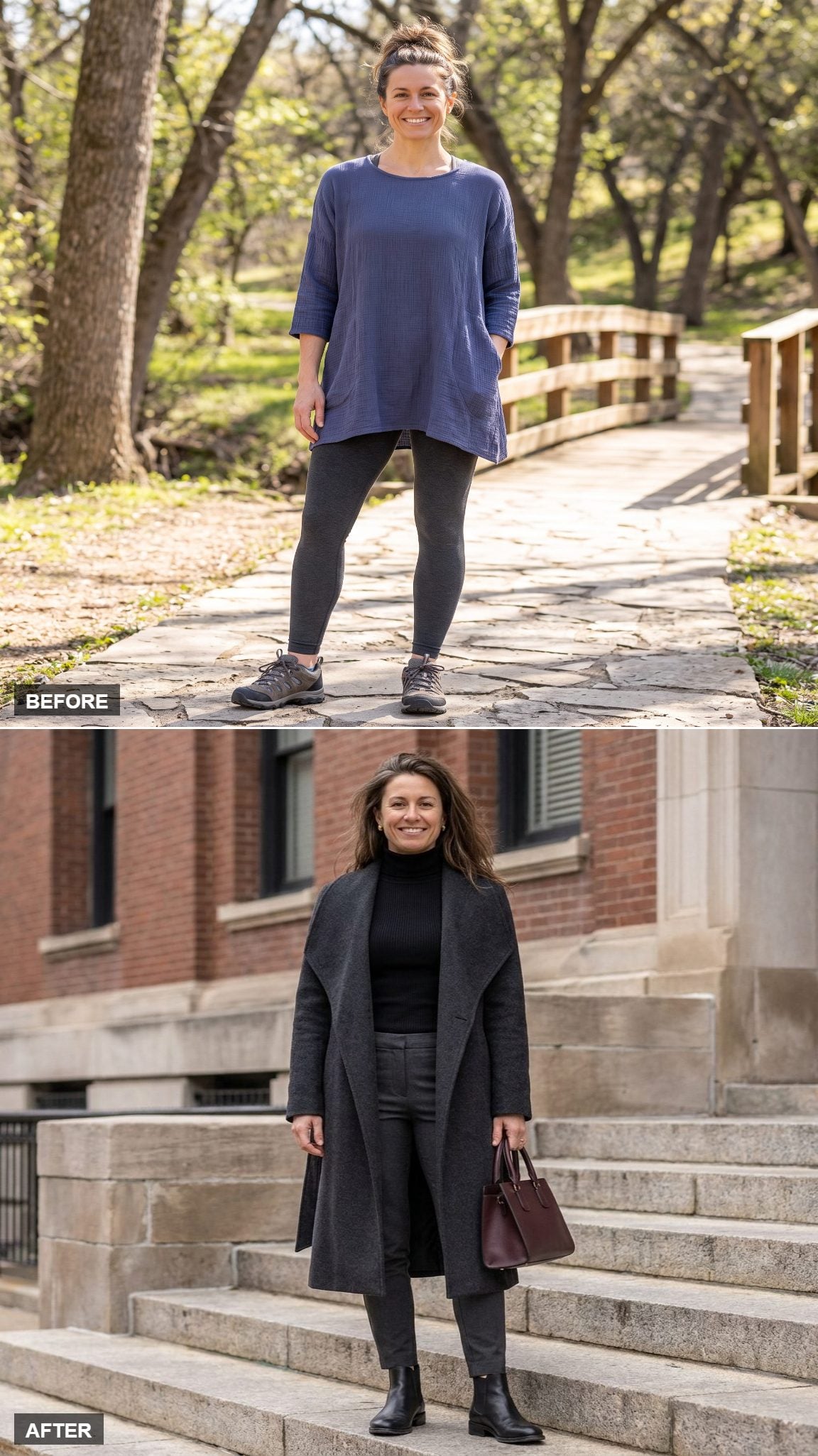 Cool-Weather City Walk in a Charcoal Wrap Coat, Black Turtleneck, Slim Pants, and Chelsea Boots