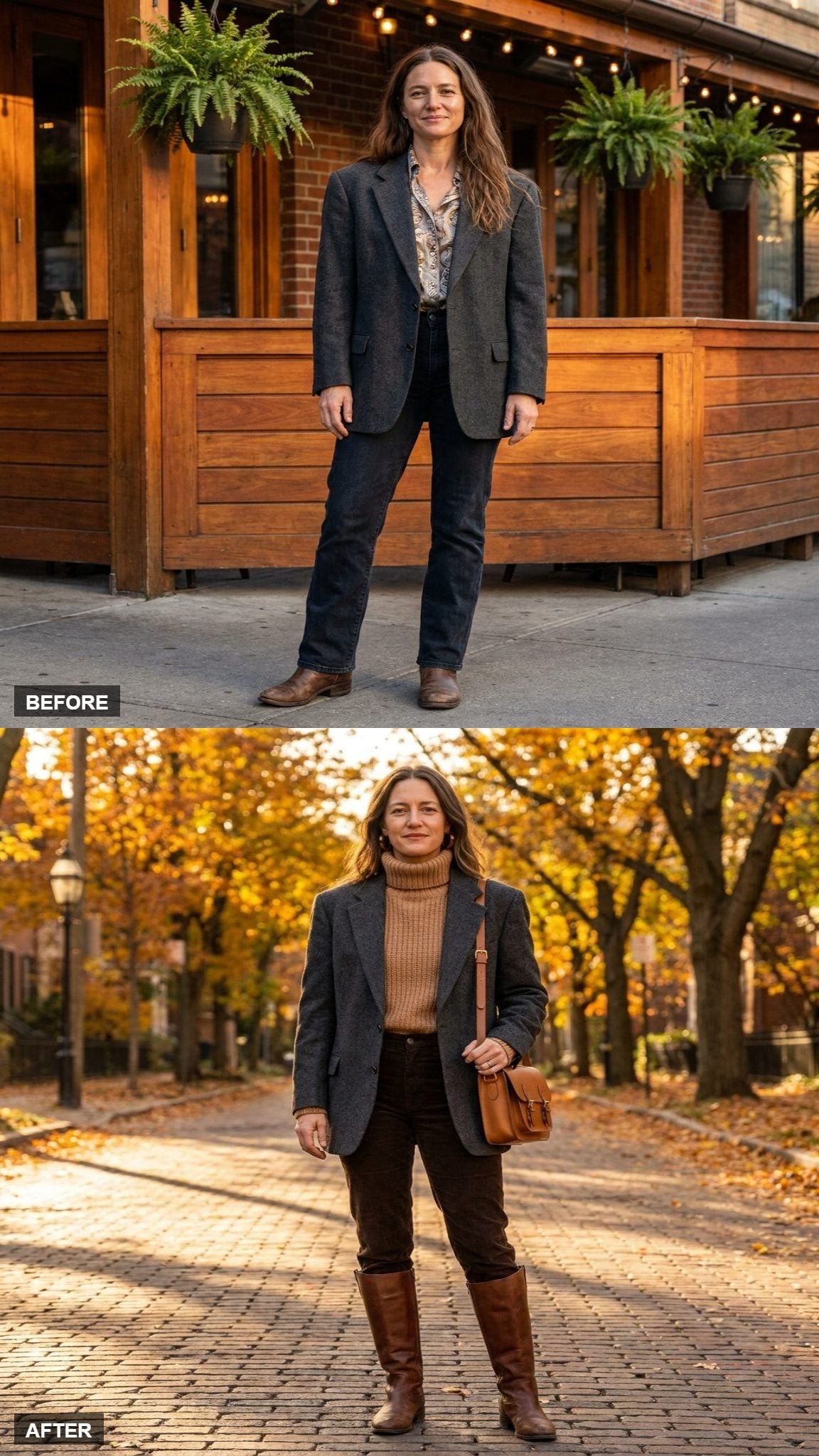 Cool-Weather Layers in Camel Knit and Brown Boots