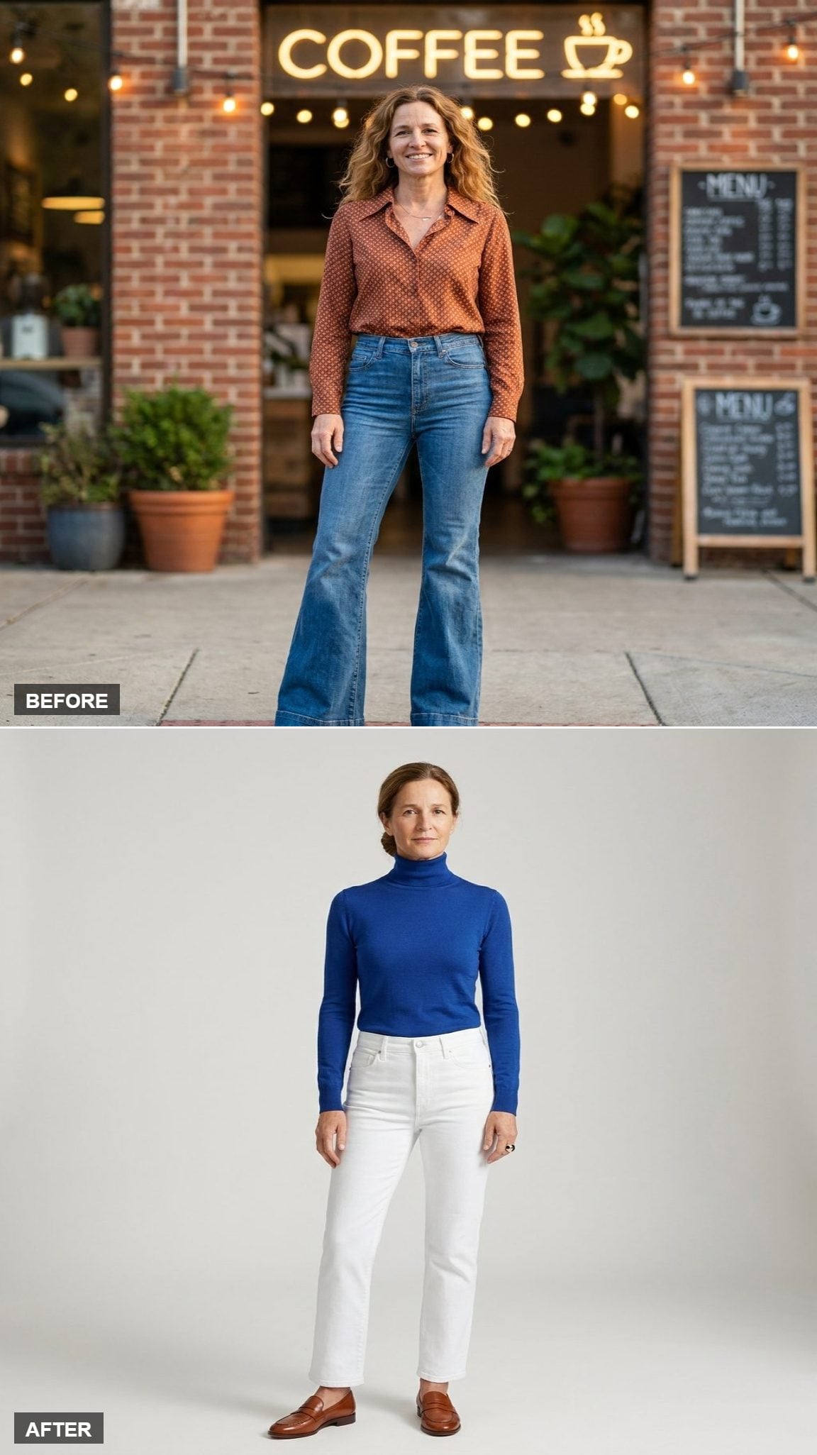 Copenhagen Cool in a Cobalt Wool Turtleneck, Straight White Jeans, and Loafers