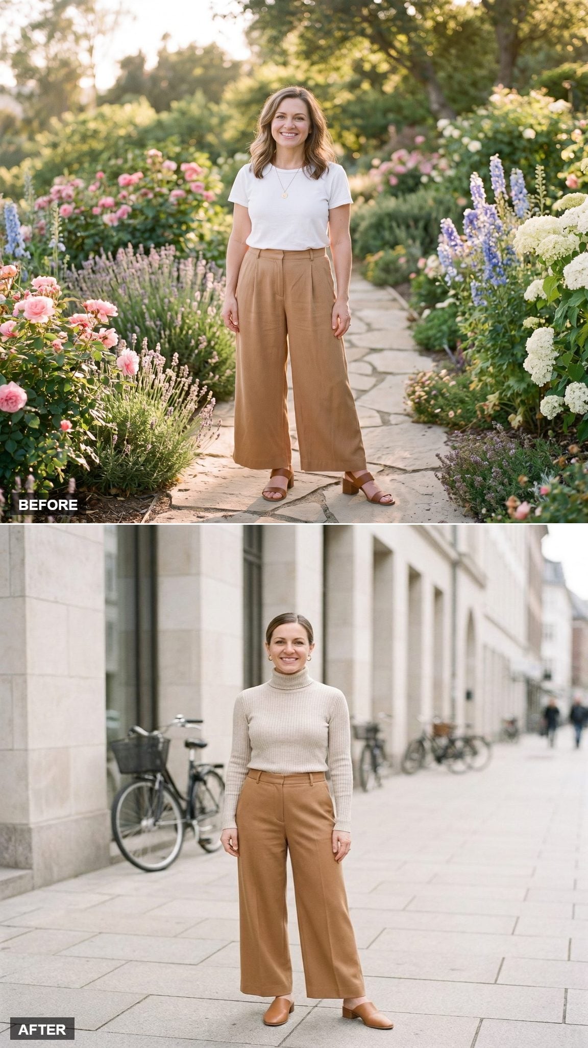 Copenhagen Cool in an Oatmeal Ribbed Turtleneck and Wide-Leg Camel Trousers