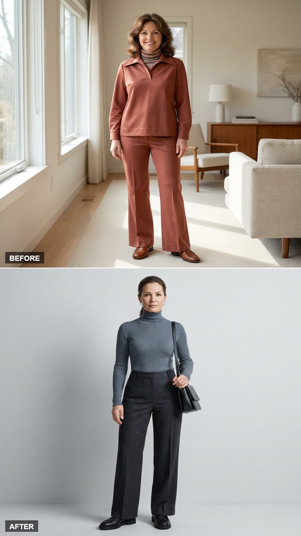 Copenhagen Minimalism in a Slate Grey Turtleneck, Wide-Leg Trousers, and Black Loafers