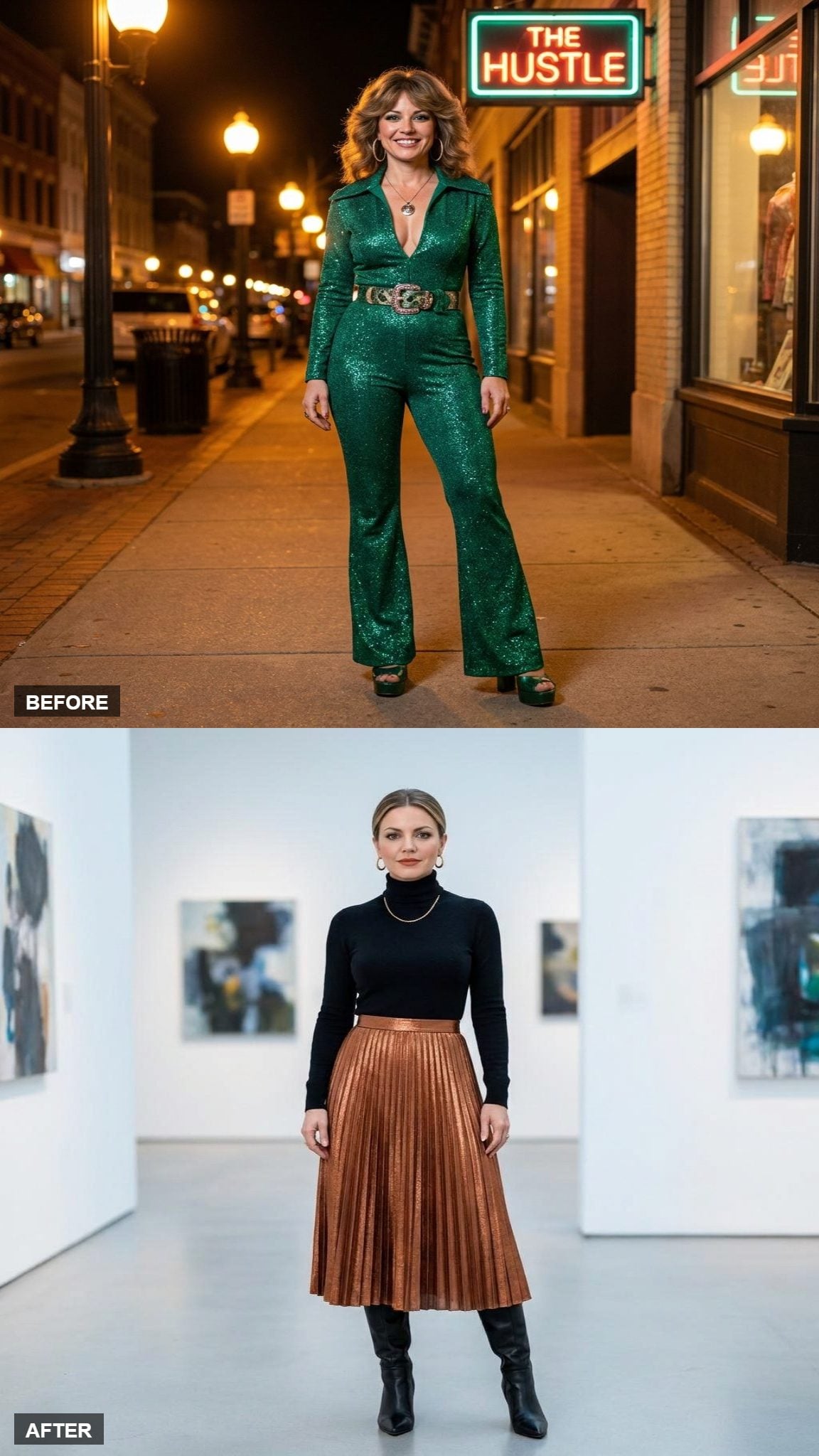 Copper Metallic Pleated Midi Skirt with a Black Cashmere Turtleneck