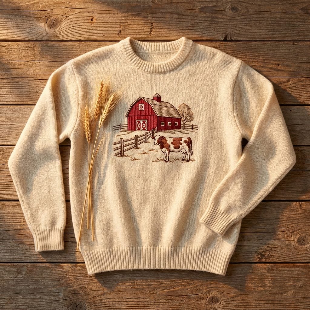 The Country-Themed Sweatshirt With an Embroidered Red Barn, Split-Rail Fence, and One Extremely Serene Cow