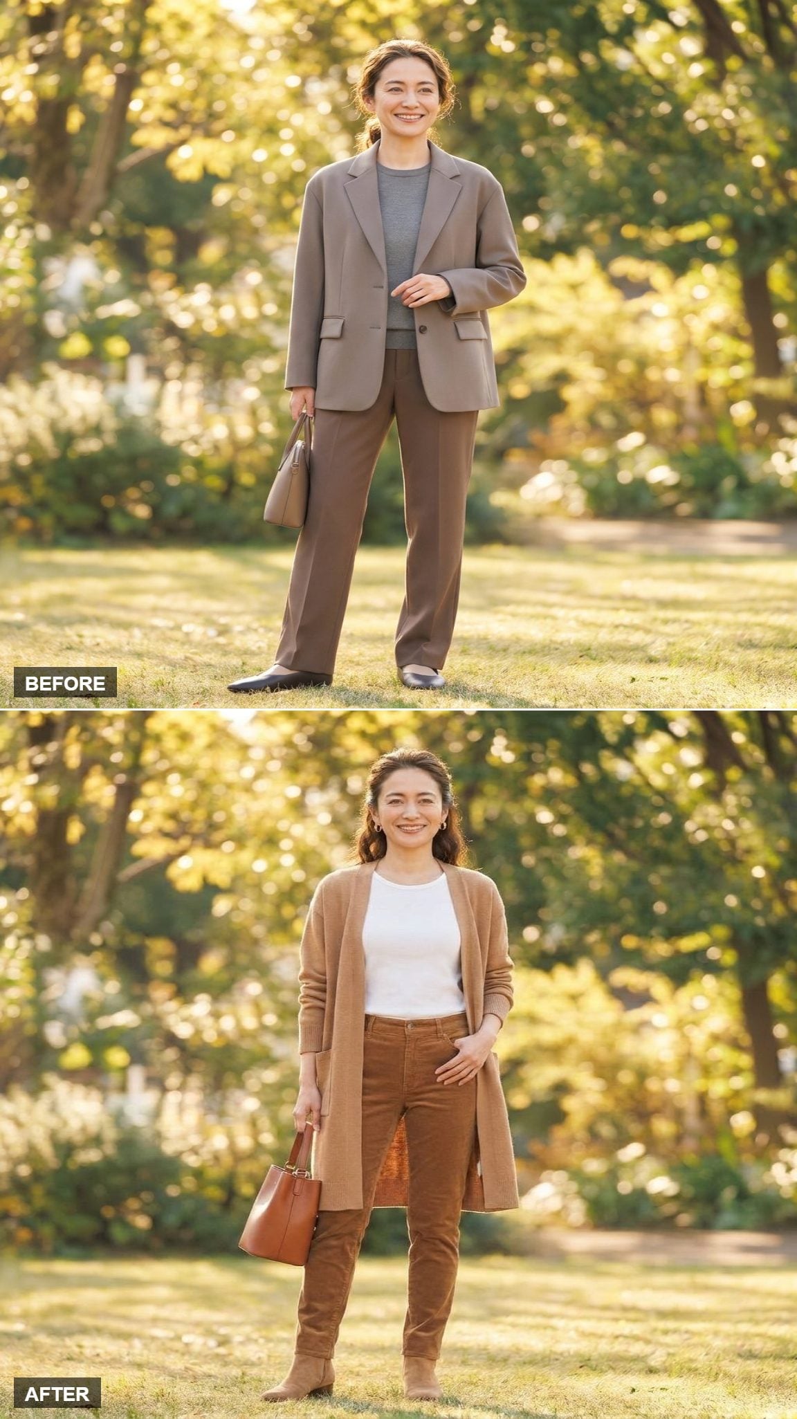 Countryside Weekend in a Camel Longline Cardigan, White Tee, Slim Cord Trousers, and Ankle Boots