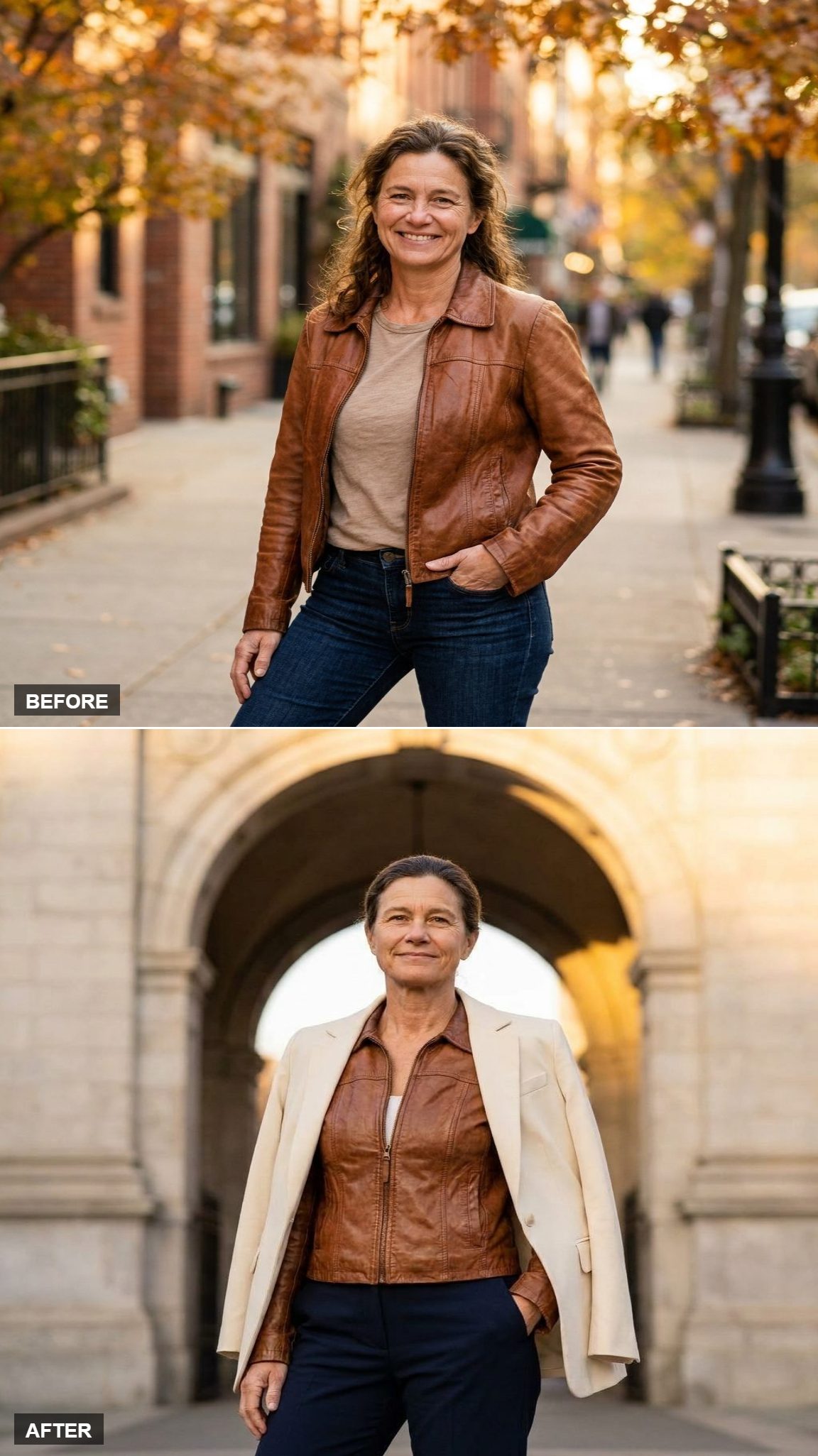 Cream Blazer Draped Cape-Style Over the Leather Jacket, Tailored Trousers, Stone Archway Backdrop