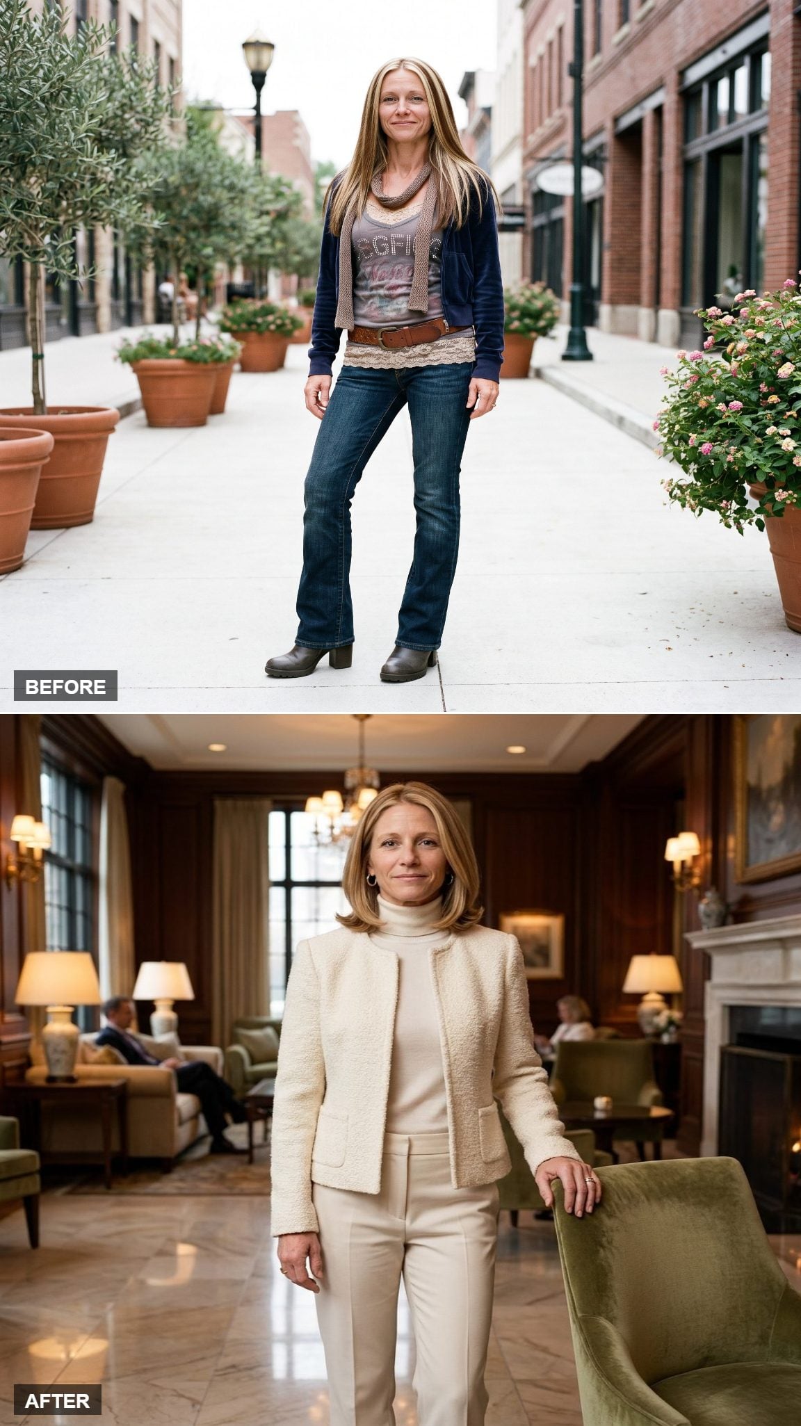 Cream Bouclé Jacket, Turtleneck, and Tailored Trousers Turn a Hotel Lounge Into a Personal Runway