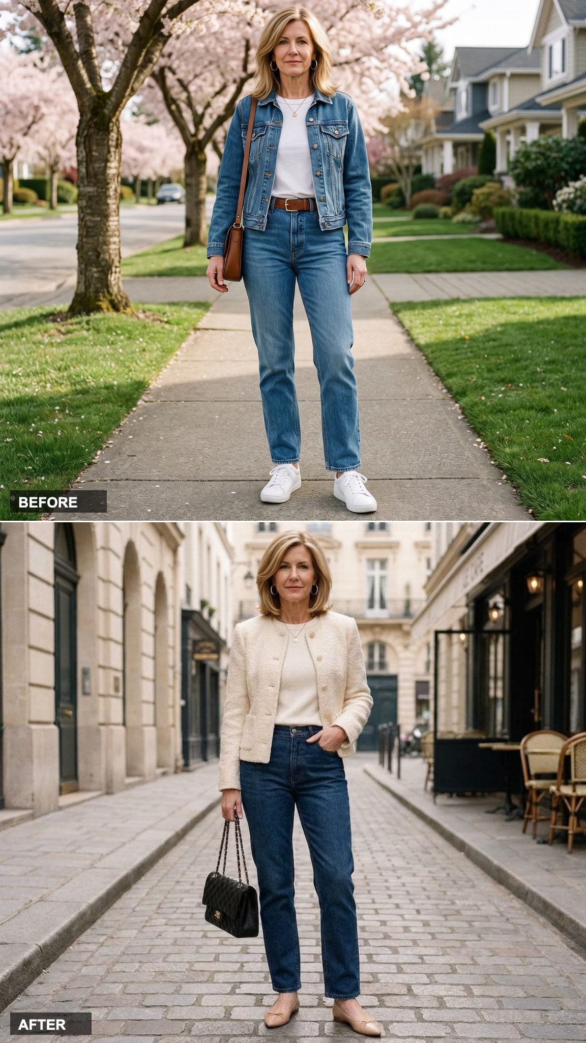 Cream Boucle Jacket, Ivory Knit Shell, Pointed Ballet Flats, and a Quilted Bag: Parisian Denim Done Right