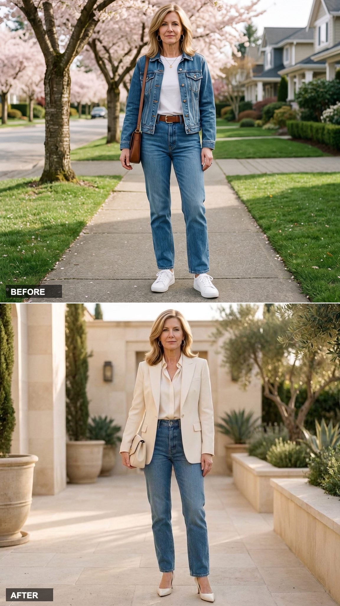 Cream Silk Blouse, Tonal Blazer, and Ivory Pumps: The Quiet Luxury Denim Reboot