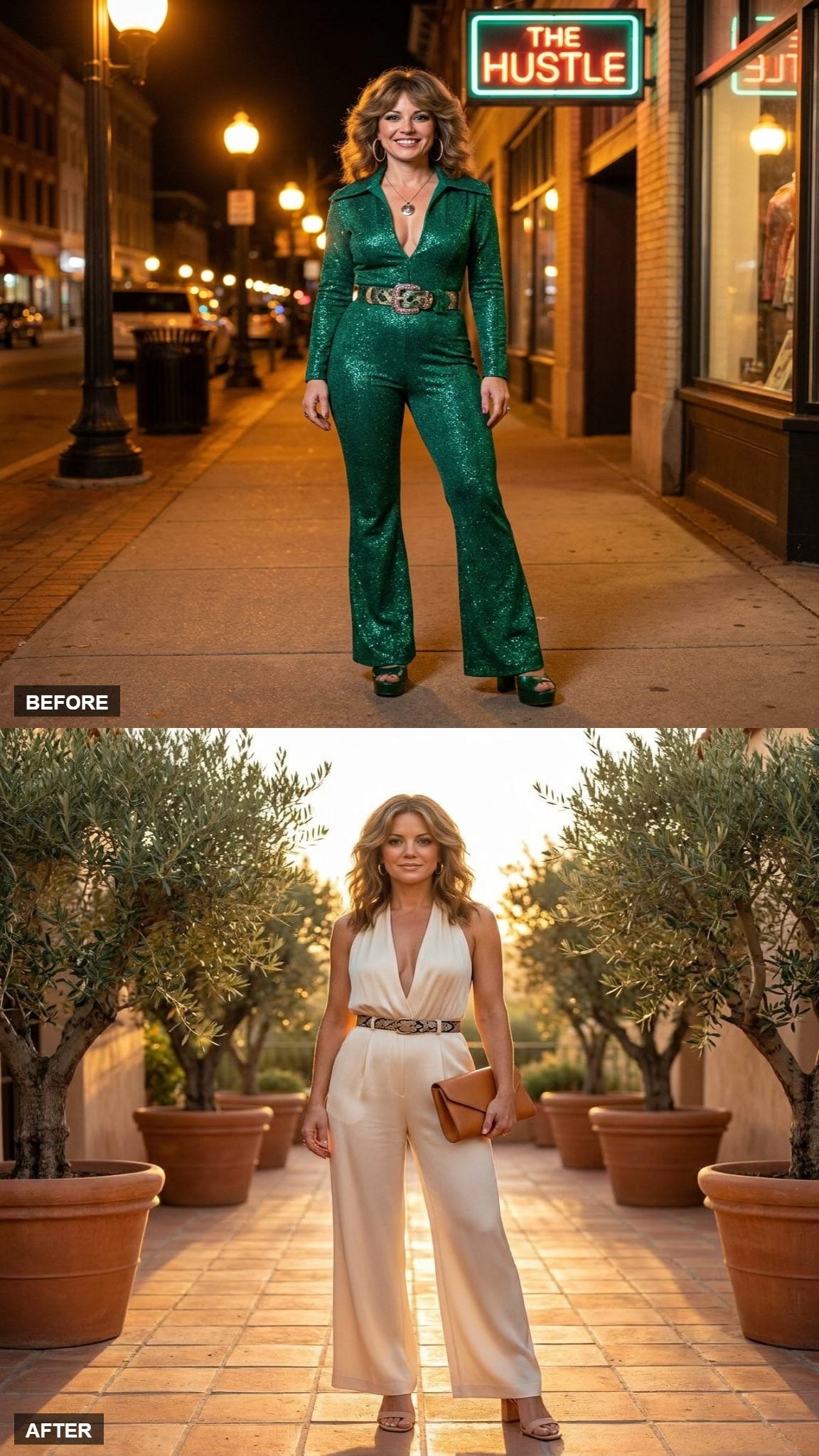 Cream Silk Jumpsuit with a Skinny Snake-Print Belt