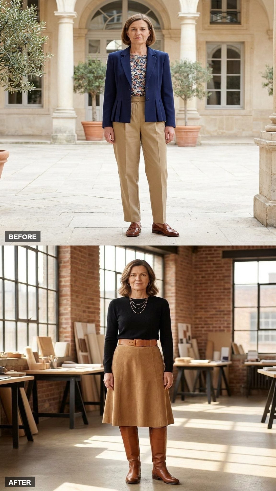 Creative Meeting Command in a Camel Suede Skirt, Black Fine-Knit Sweater, Tall Boots, and Layered Gold Chains