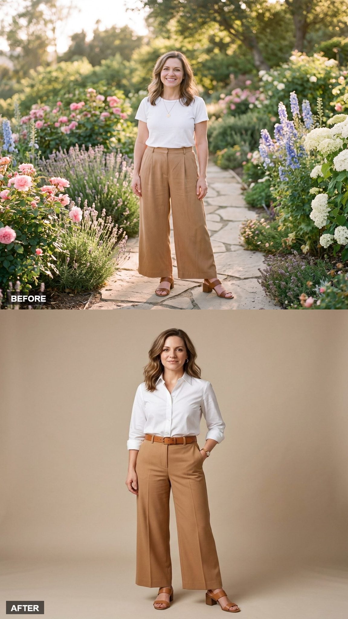 Crisp White Poplin Button-Down, Caramel Leather Belt, and Tan Block-Heel Mules