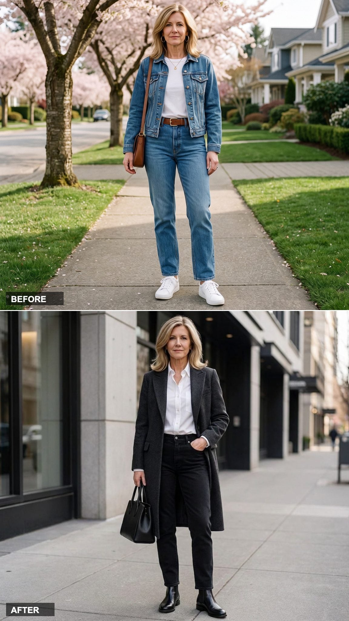 Crisp White Shirt, Charcoal Wool Coat, and Chelsea Boots Over Black Denim