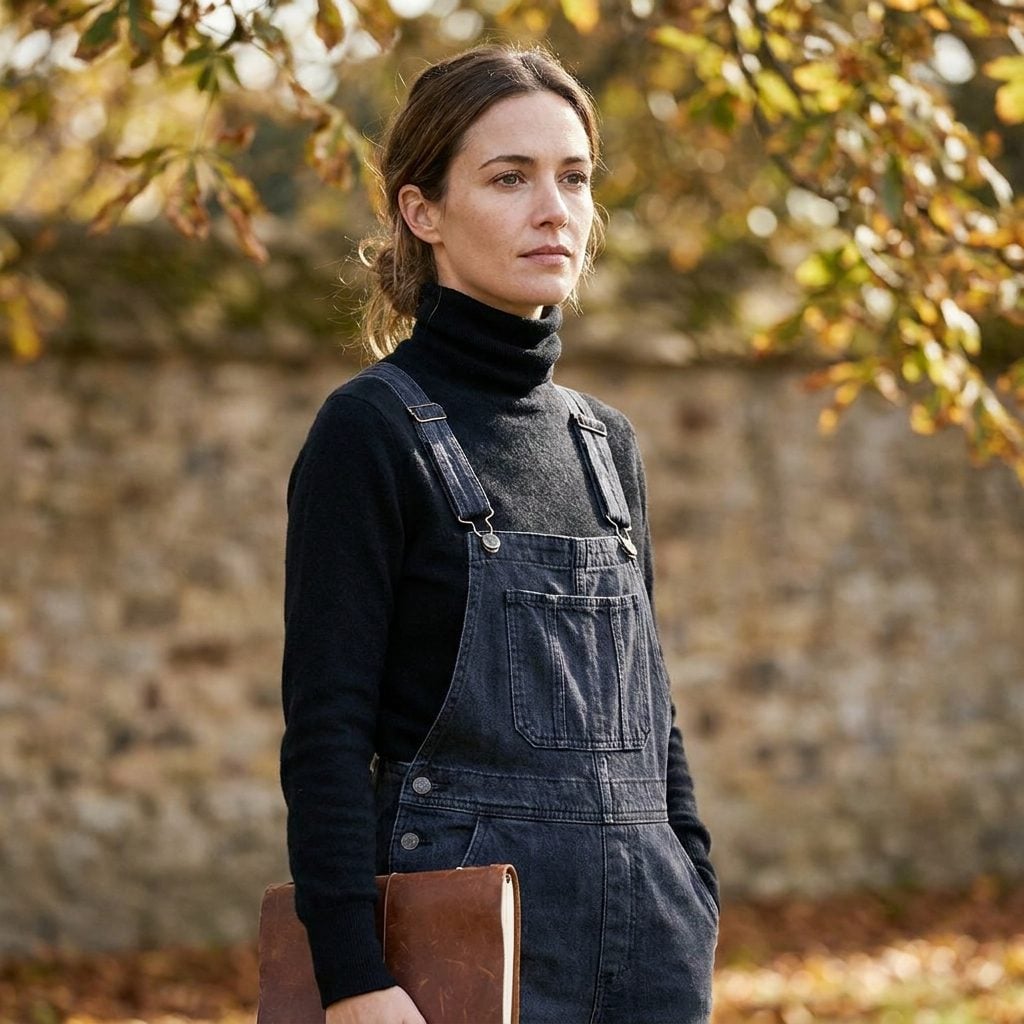 Cropped Overalls Over a Fitted Black Turtleneck