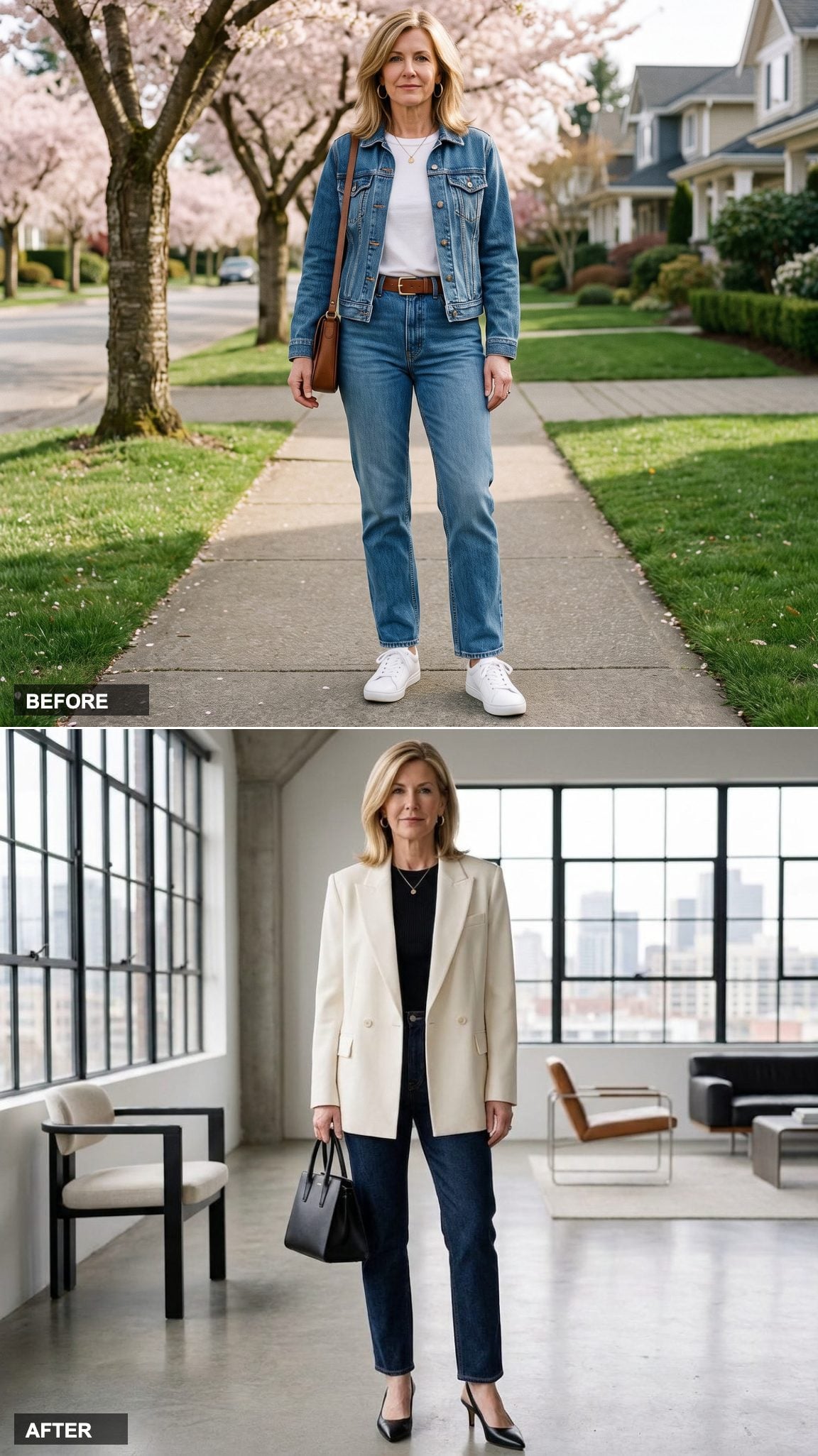 Dark Indigo Jeans, Oversized Ivory Blazer, and Slingback Heels in Strict Minimalist Mode