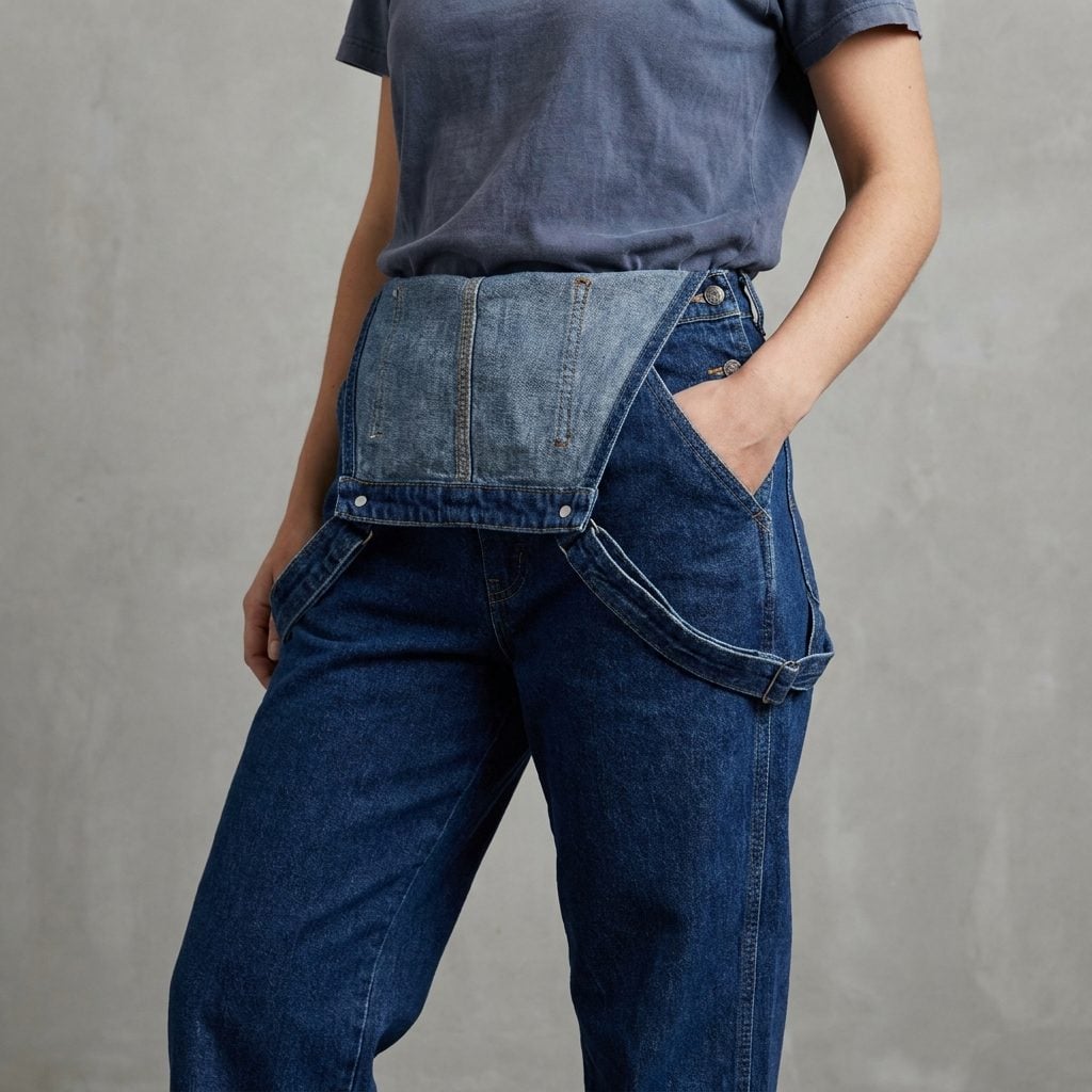 Dark-Wash Overalls With the Bib Folded Down