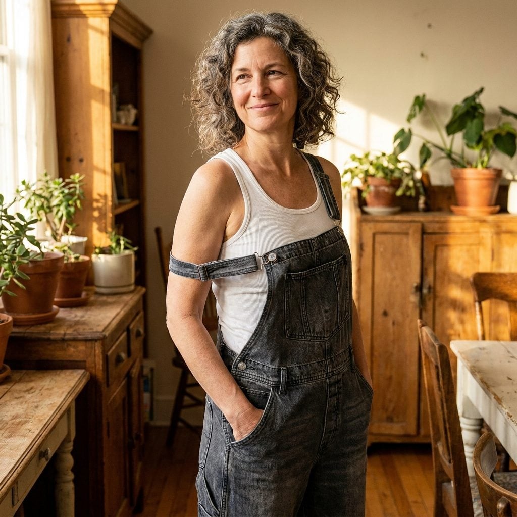 Dark-Wash Overalls With One Strap Undone Over a White Ribbed Tank