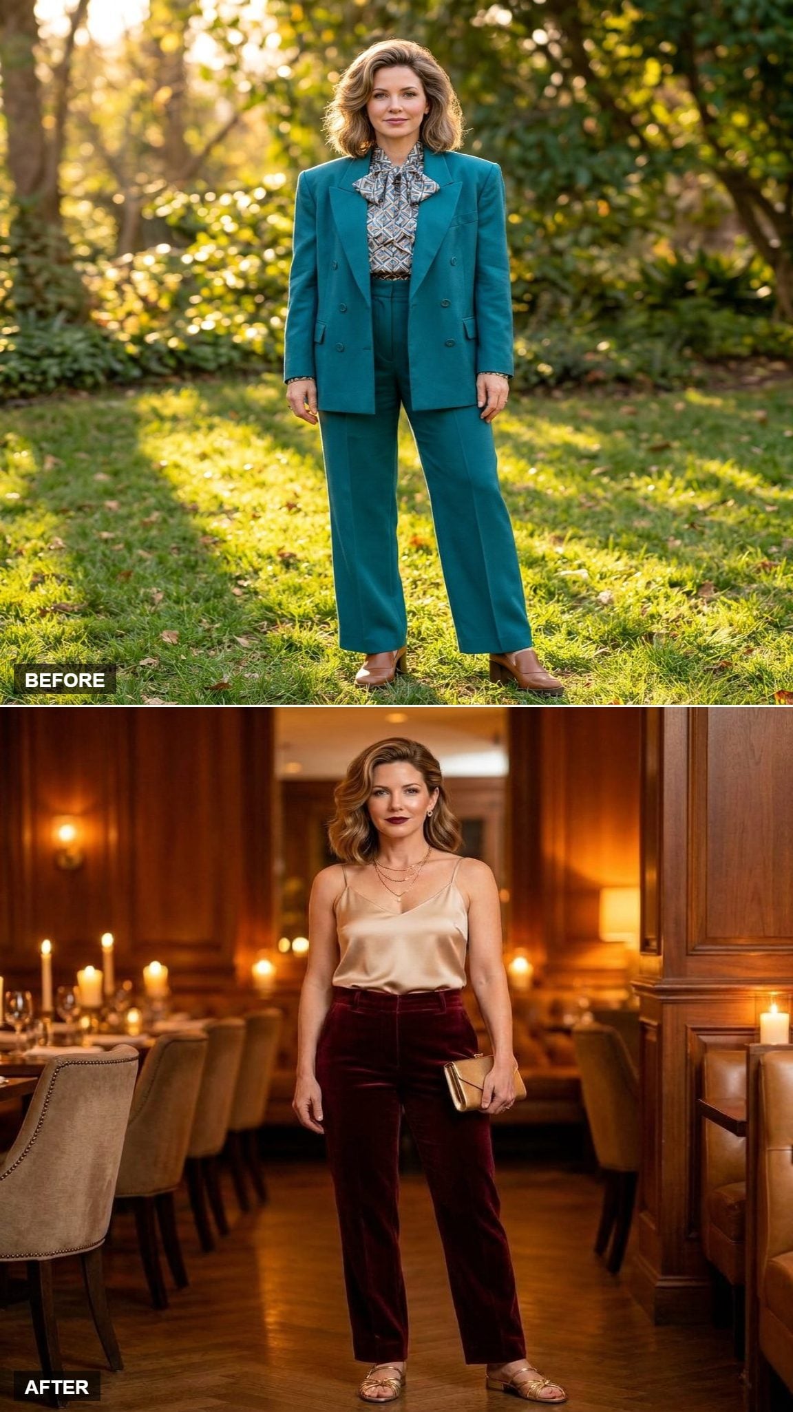 Date Night Done Right in Burgundy Velvet Trousers, a Silk Cami, and Gold Mules
