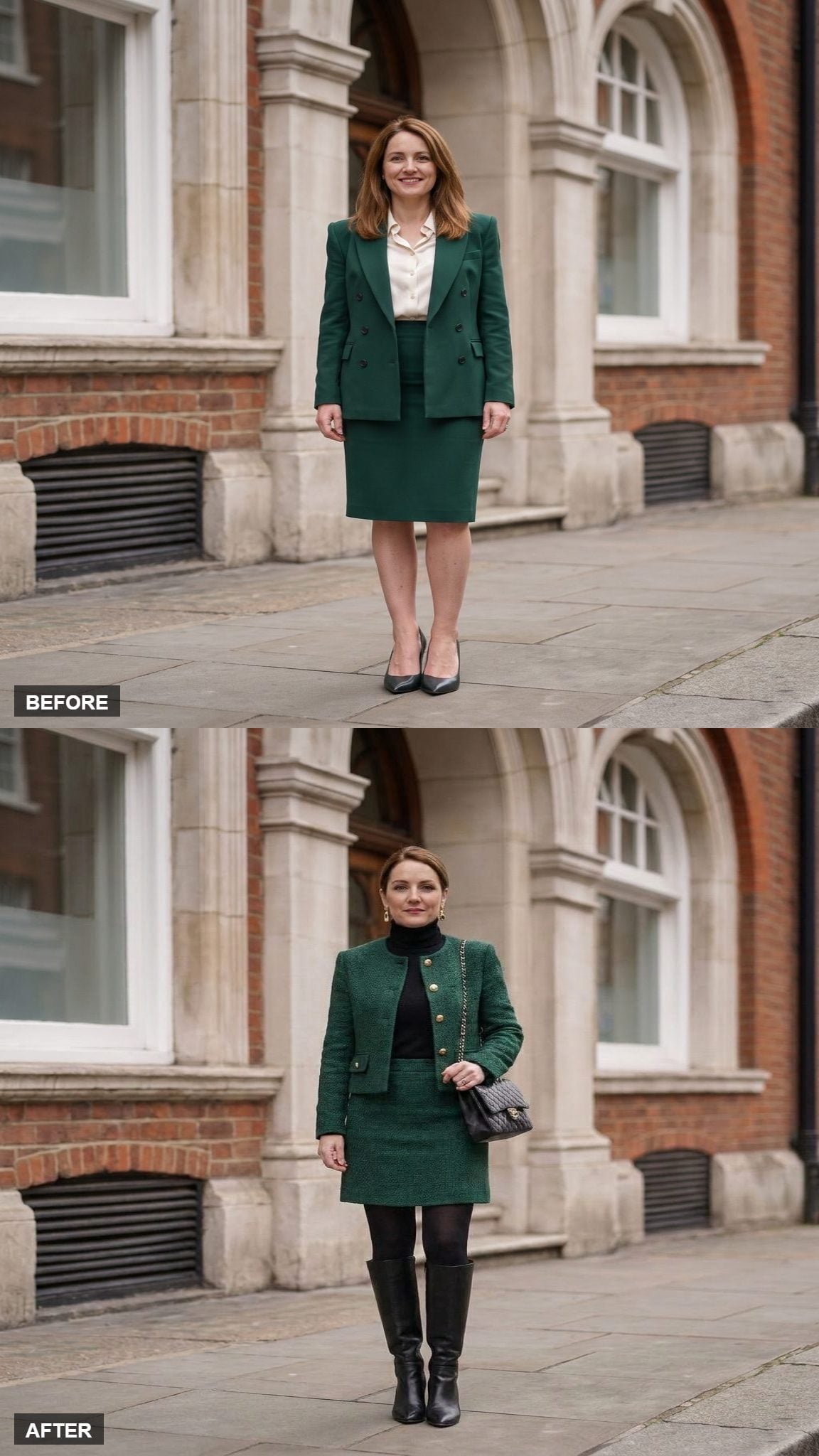Deep Green Tweed With a Modern Mini