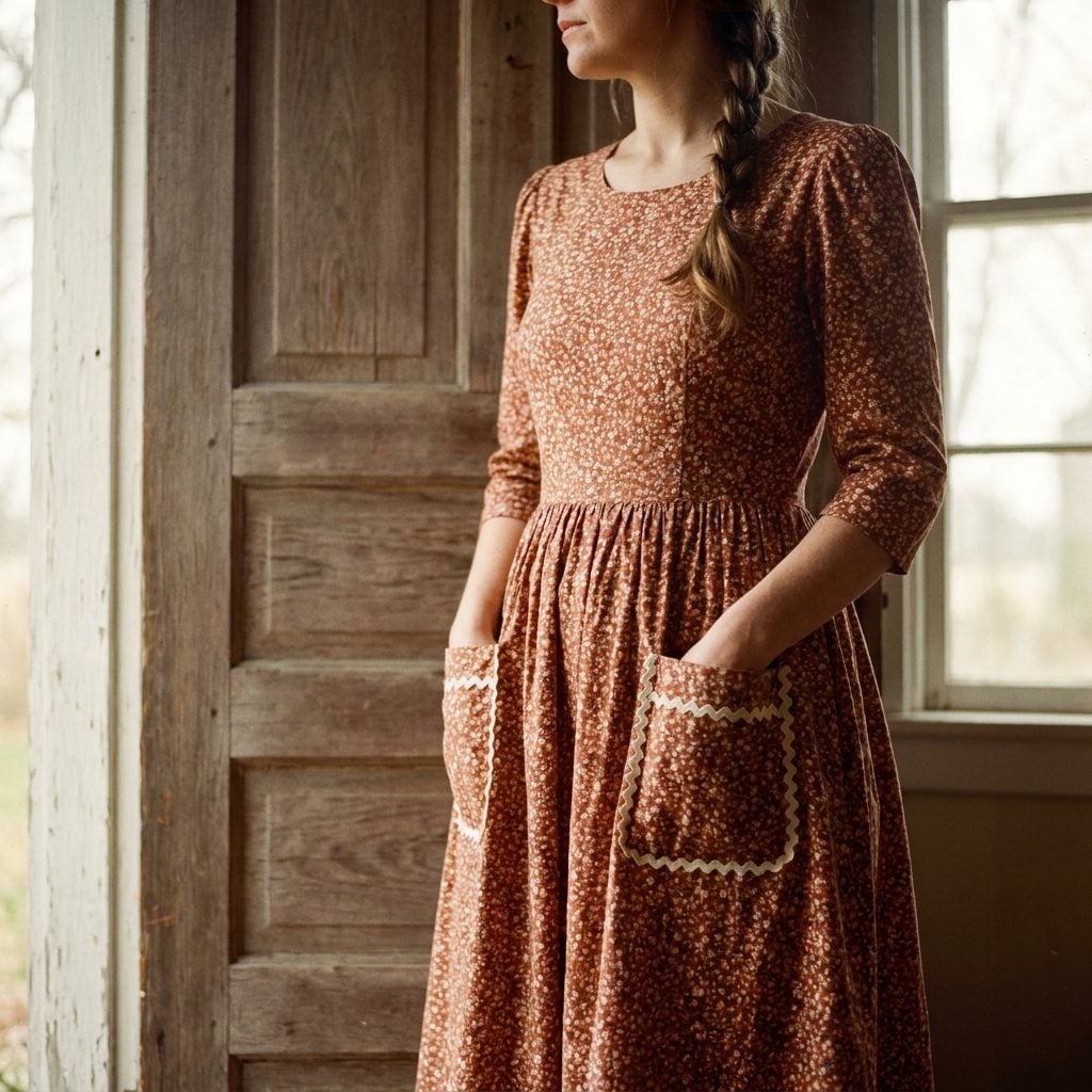Calico prairie dress with large rickrack-trimmed patch pockets