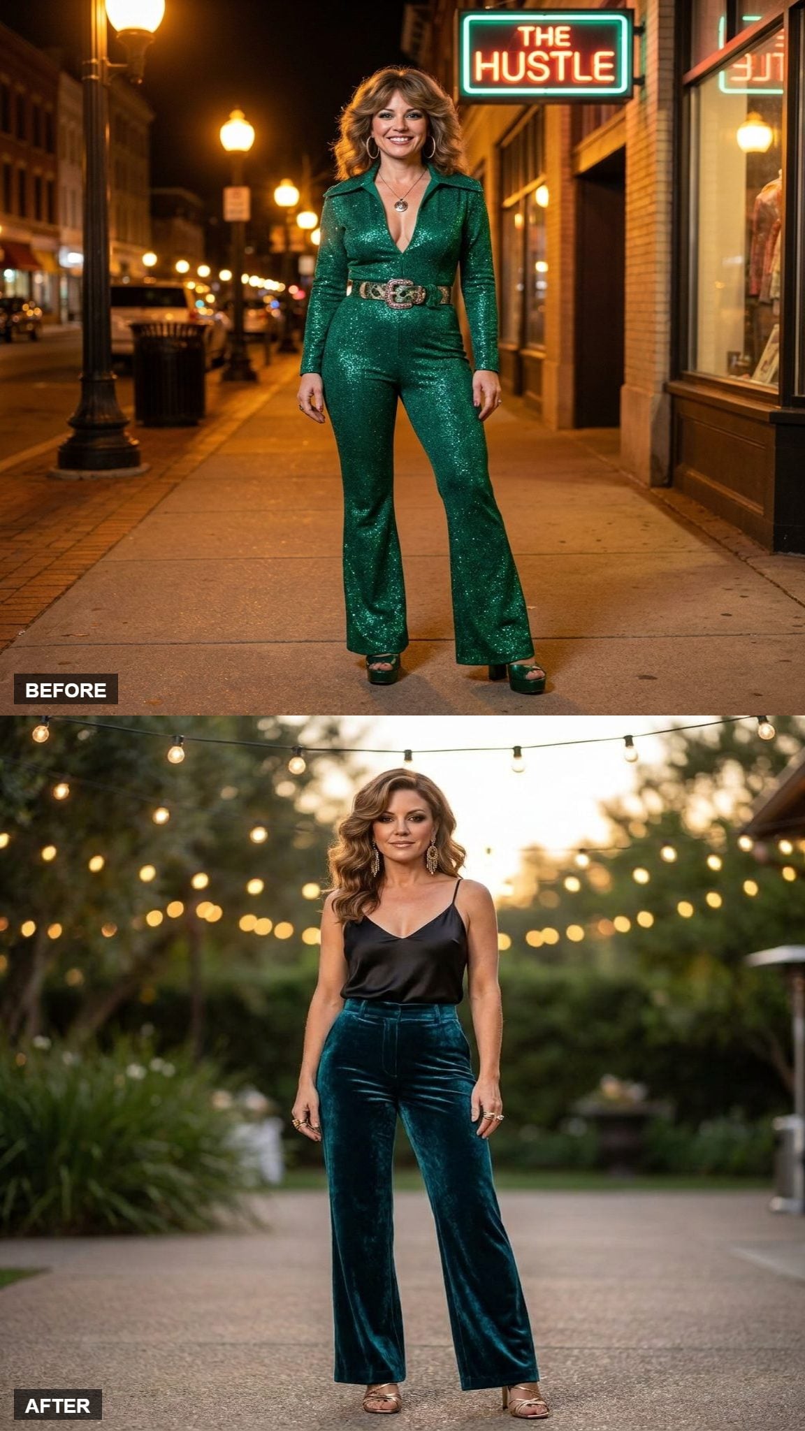 Deep Teal Velvet Wide-Leg Trousers with a Black Silk Camisole