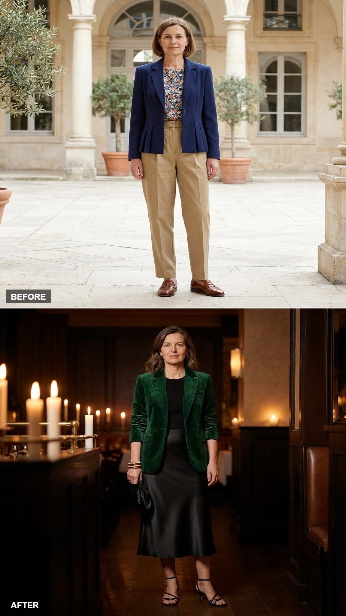 Deep Winter Evenings in a Forest Green Velvet Blazer, Black Satin Slip Skirt, and Gold Bangles