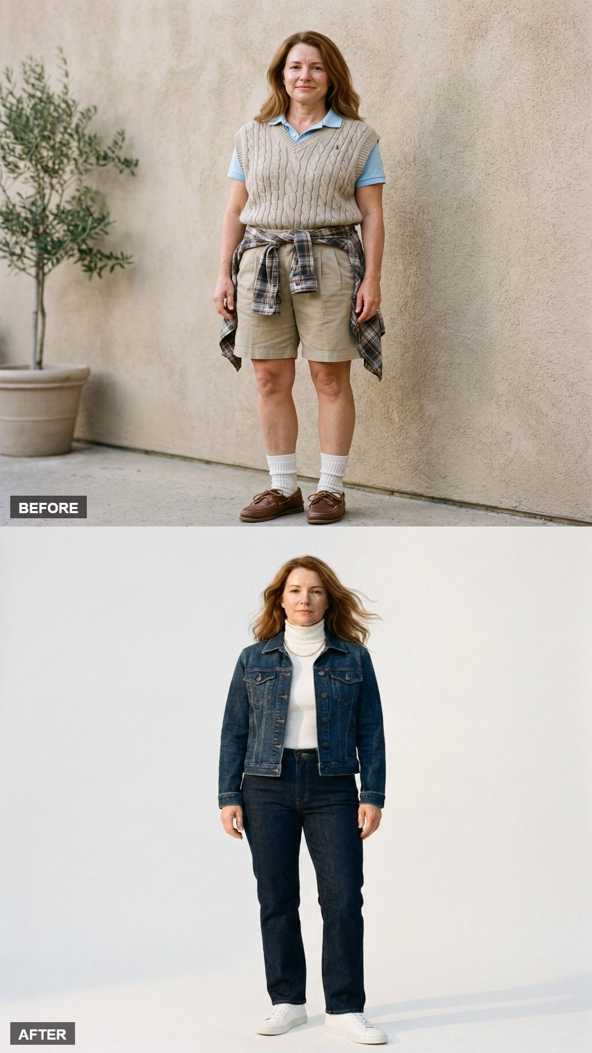 Denim on Denim, Done Right: Dark Wash Jacket Over a White Turtleneck and Straight-Leg Jean