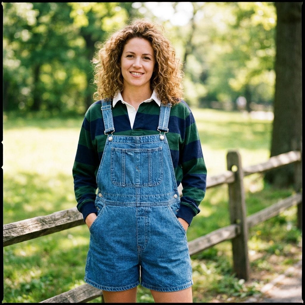 Denim Overall Shorts With a Striped Rugby Polo
