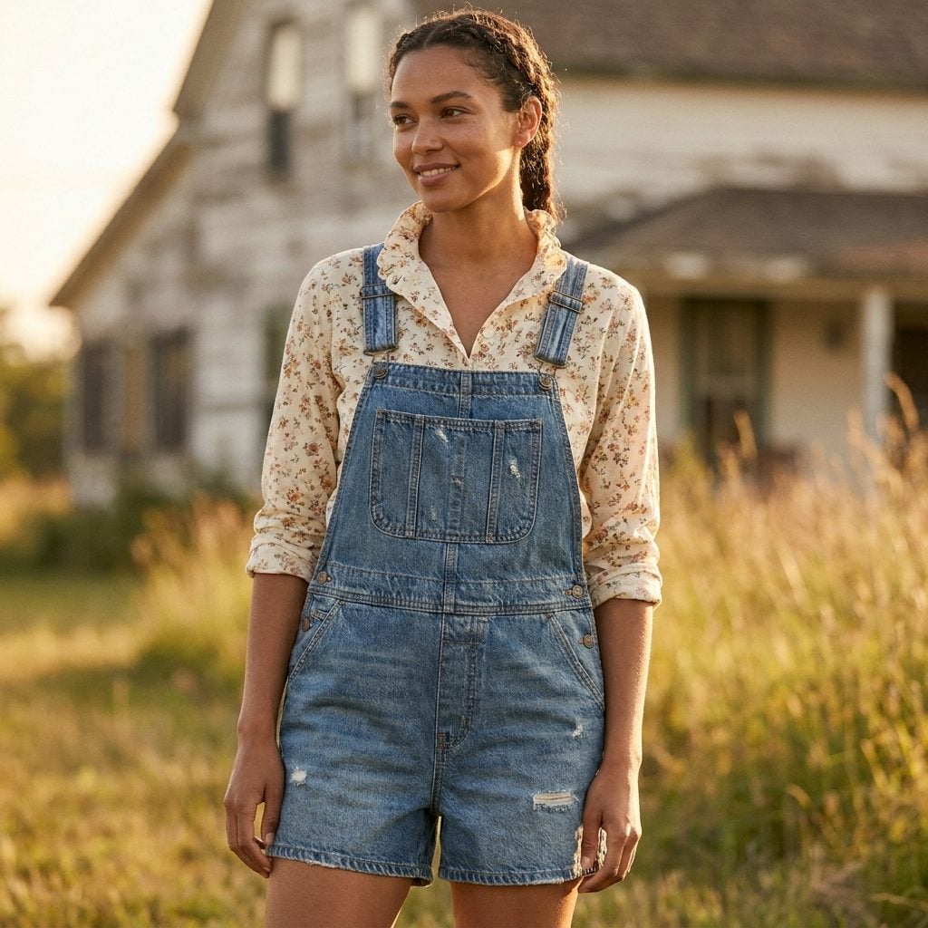 Denim Shortalls Over a Tucked Floral Button-Down