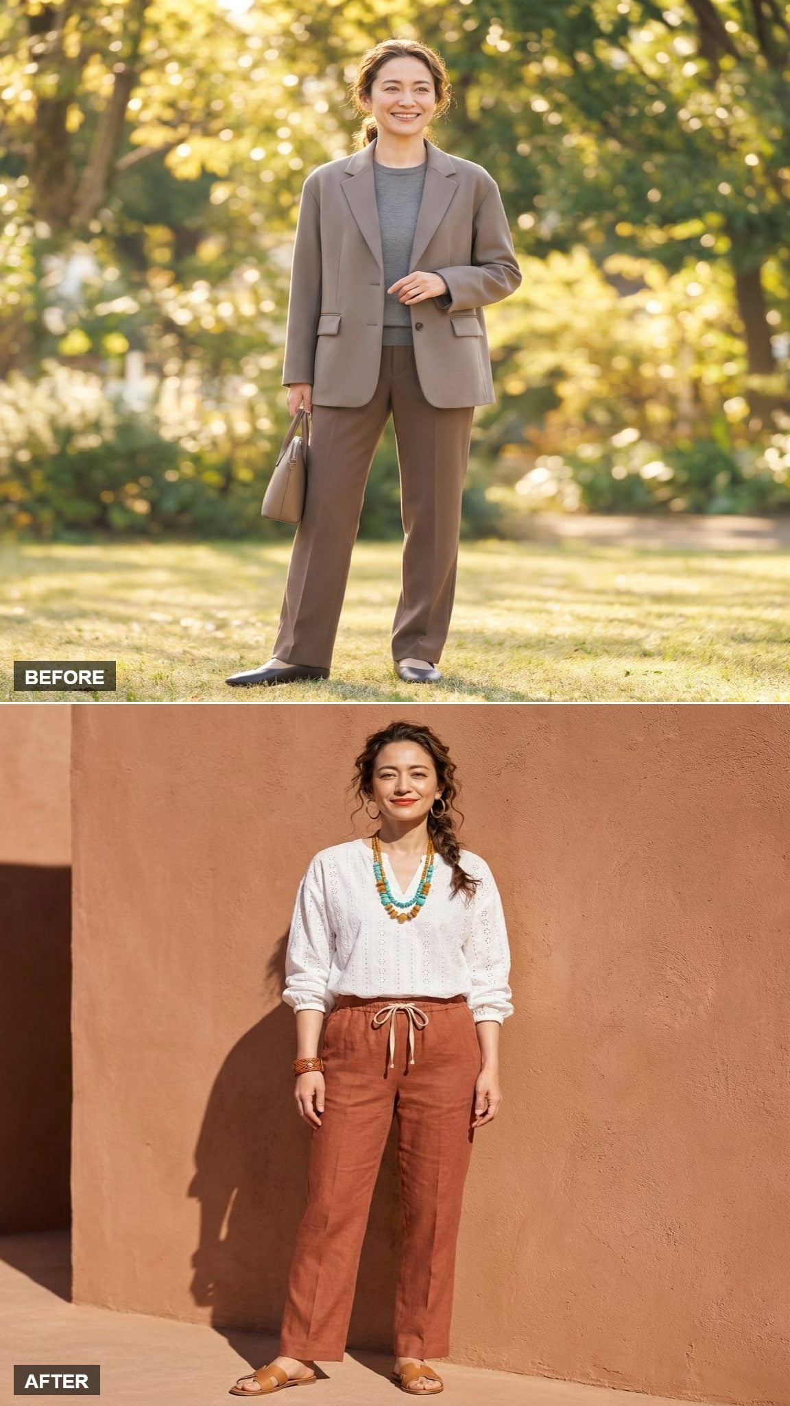 Desert Bohemian in a White Eyelet Blouse, Terracotta Linen Pants, and Beaded Jewelry