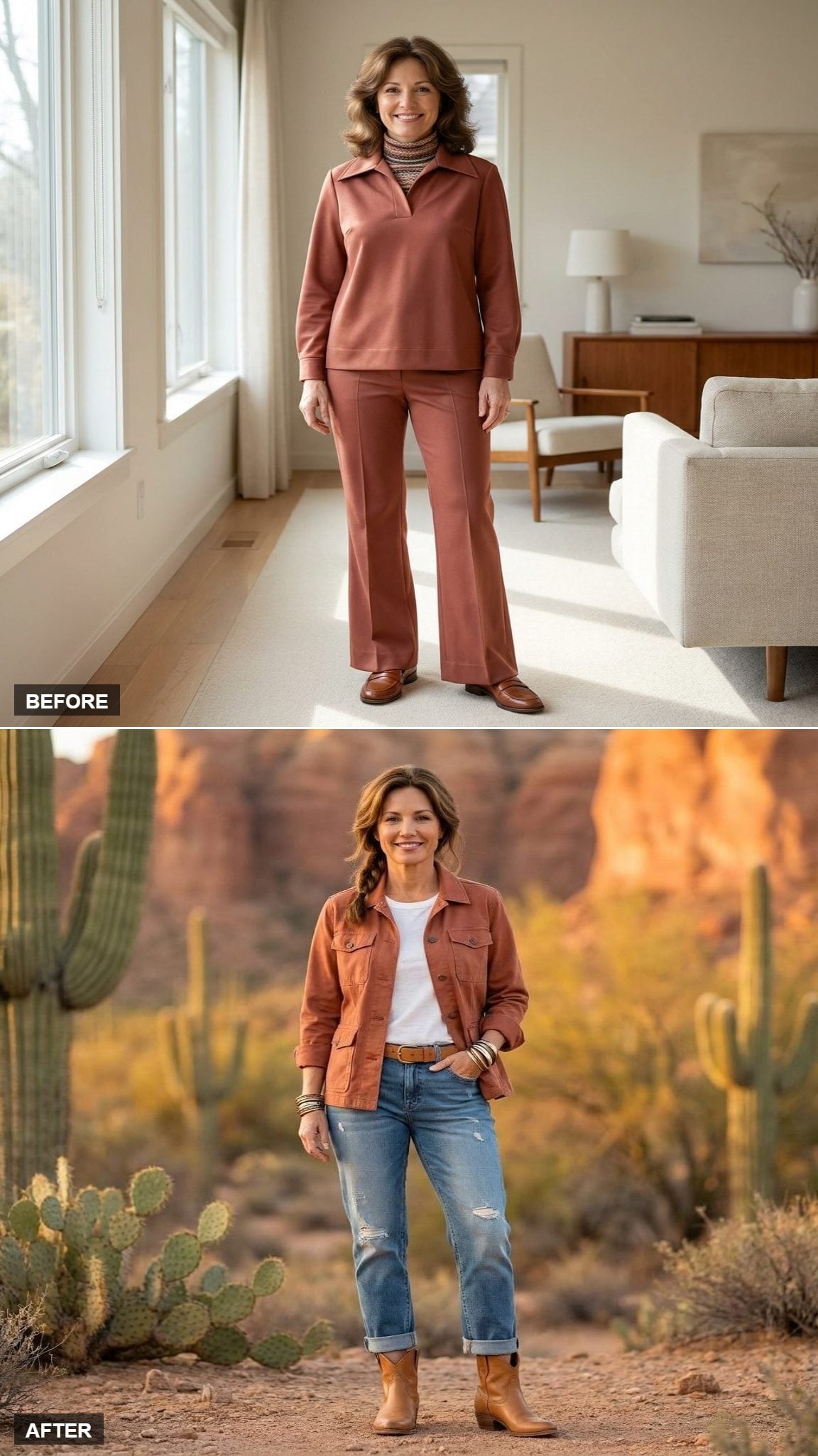 Desert Road Trip Vibe in a Terracotta Utility Jacket, White Tee, Boyfriend Jeans, and Tan Western Boots