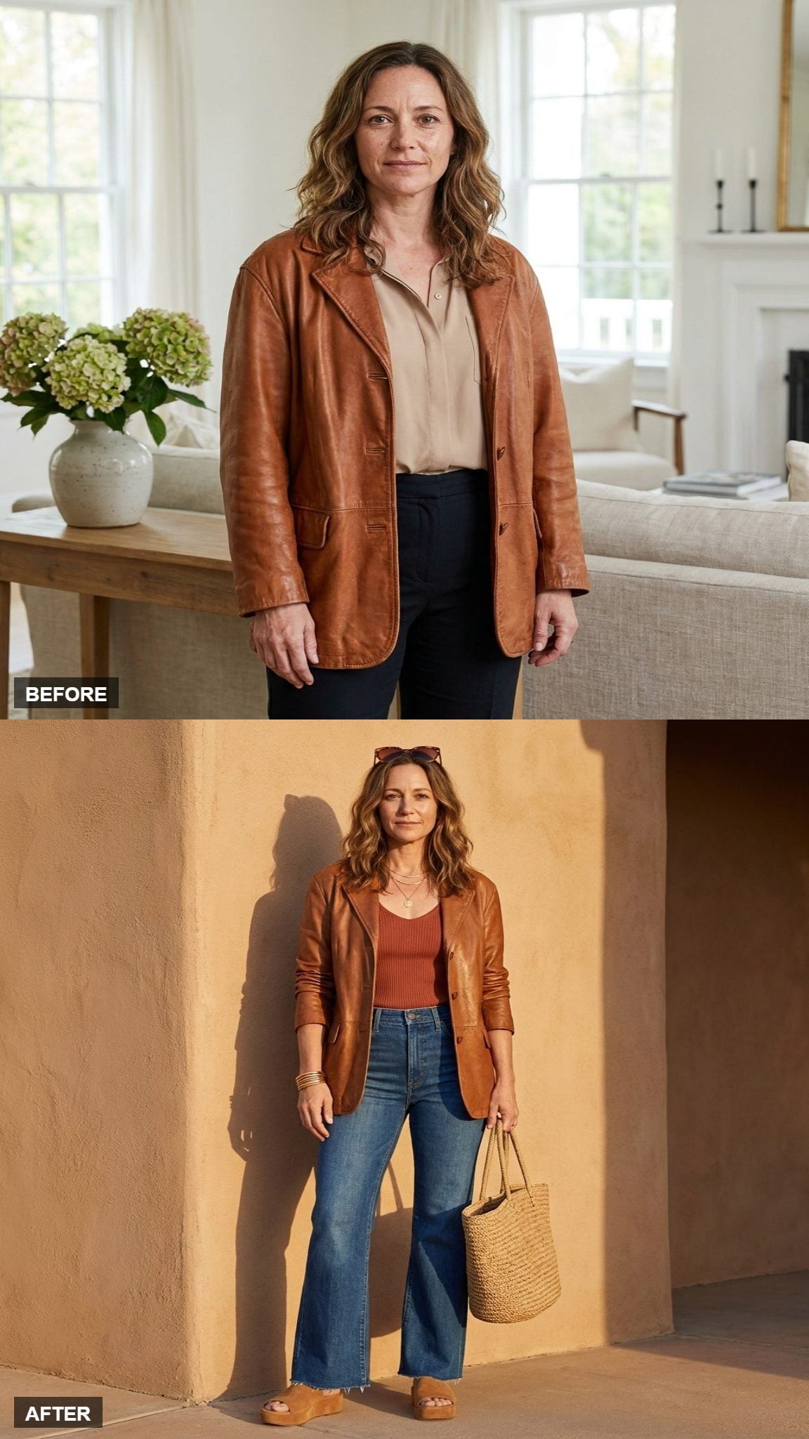 Terracotta Knitwear With Flared Indigo Denim