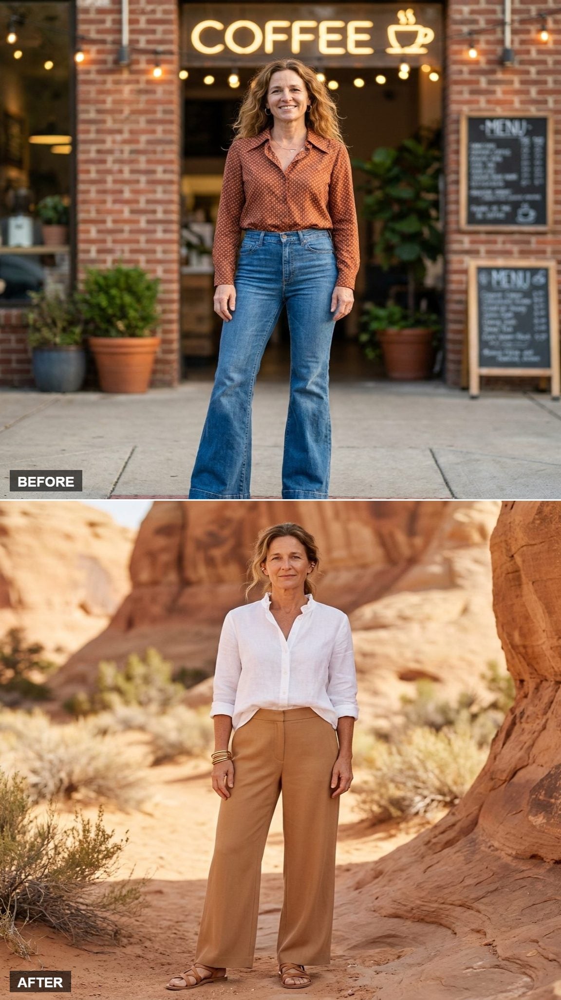 Desert Weekend Ease in Camel Wide-Leg Pants, a White Linen Blouse, and Tan Sandals
