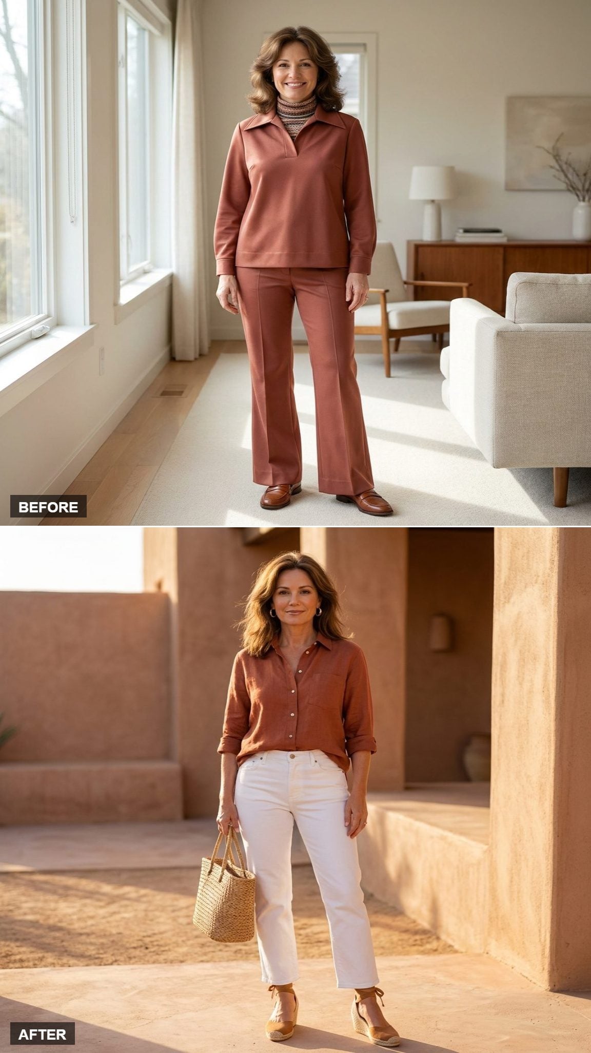 Desert Weekend in a Rust Linen Shirt, Straight White Jeans, and Tan Espadrilles