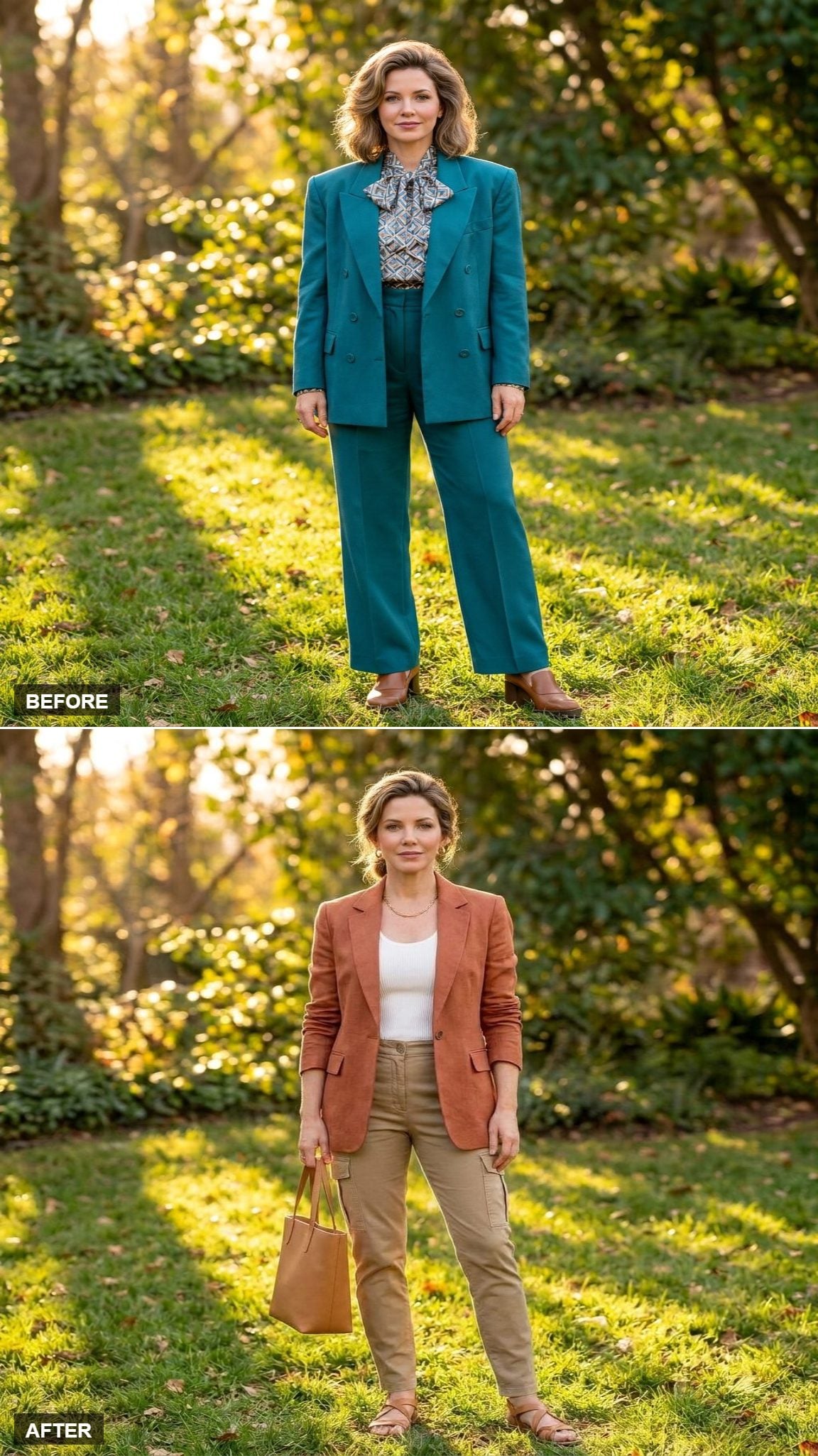 Desert Weekend in a Terracotta Linen Blazer, White Tank, Slim Cargo Pants, and Tan Sandals